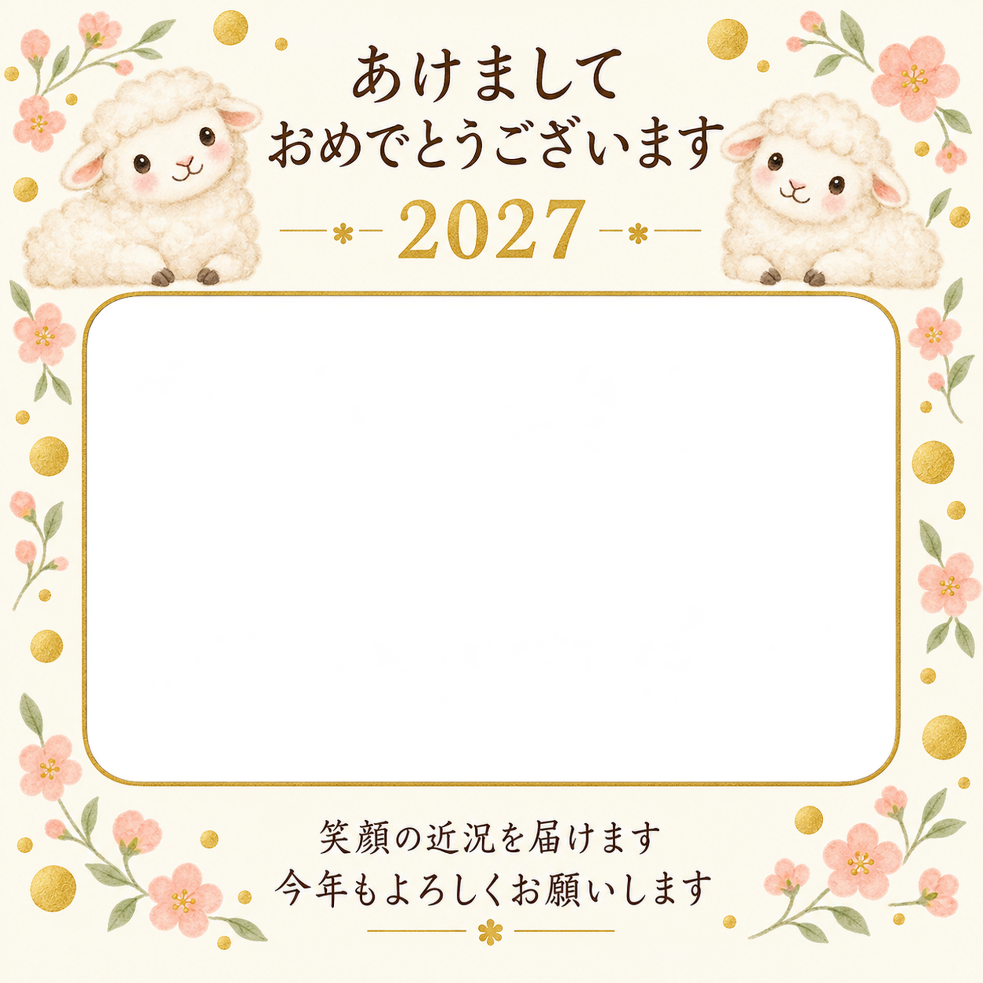 桃色の小花と金の丸飾りの写真年賀状｜無料イラスト素材 99166に写真・文字を入れる