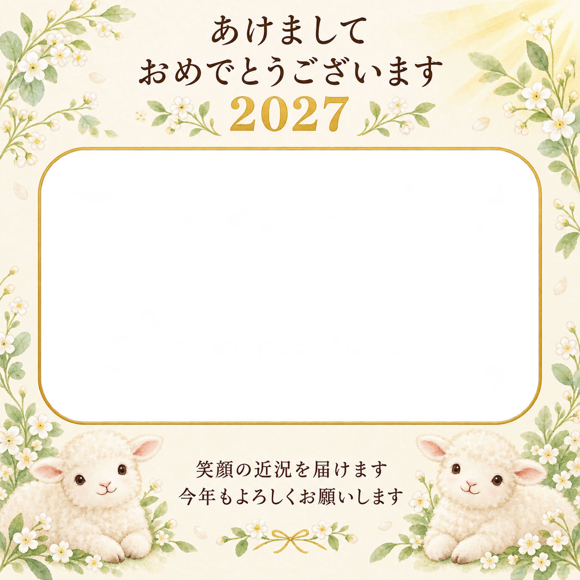 白い小花と朝の光の写真年賀状｜無料イラスト素材 99167に写真・文字を入れる
