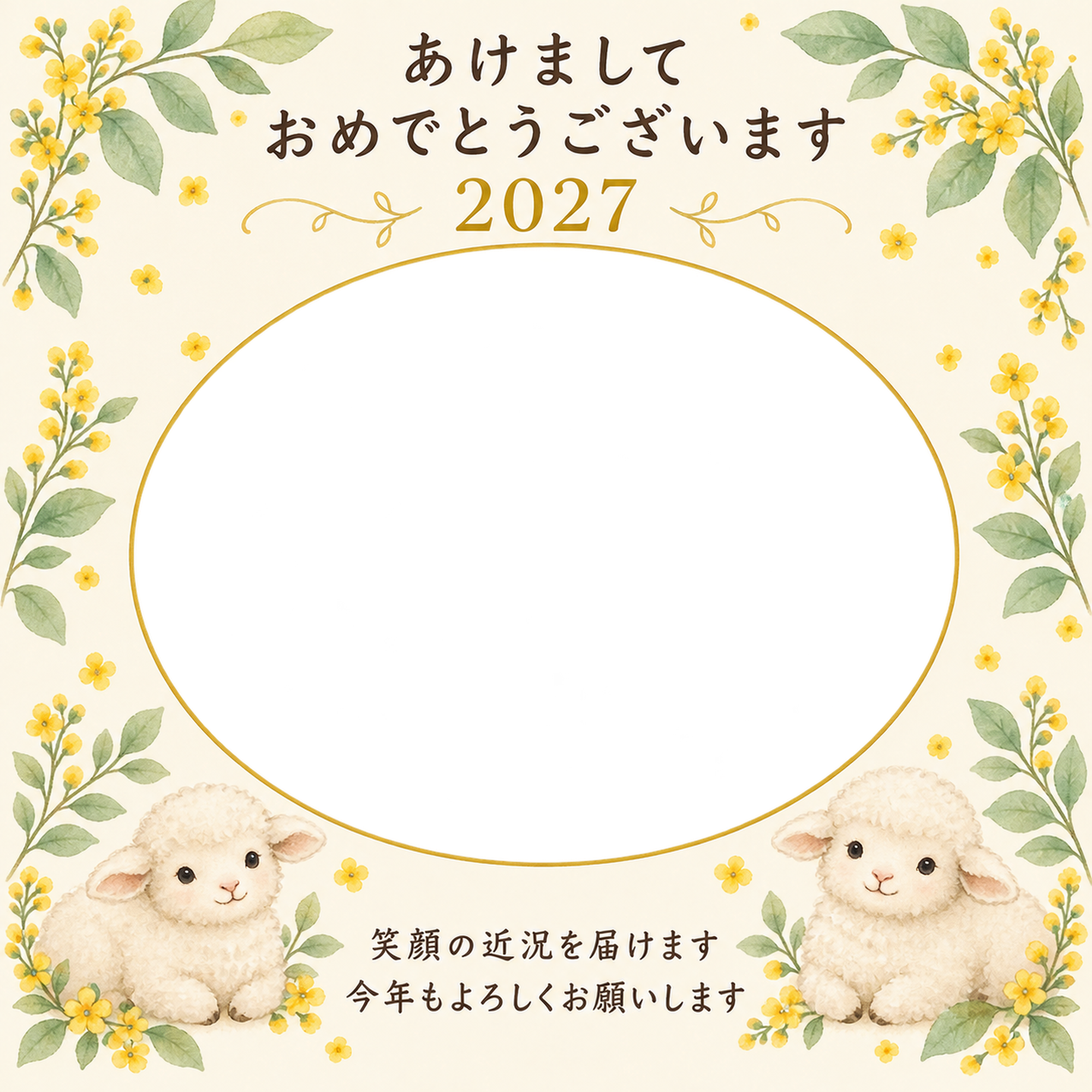 黄色い小花と葉の写真年賀状｜無料イラスト素材 99168に写真・文字を入れる