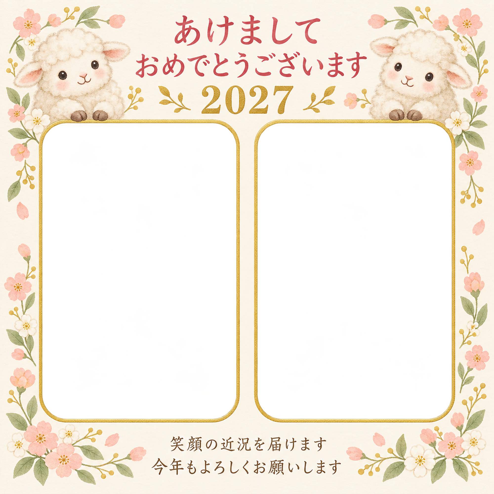 桃色と白の小花の写真年賀状｜無料イラスト素材 99170に写真・文字を入れる