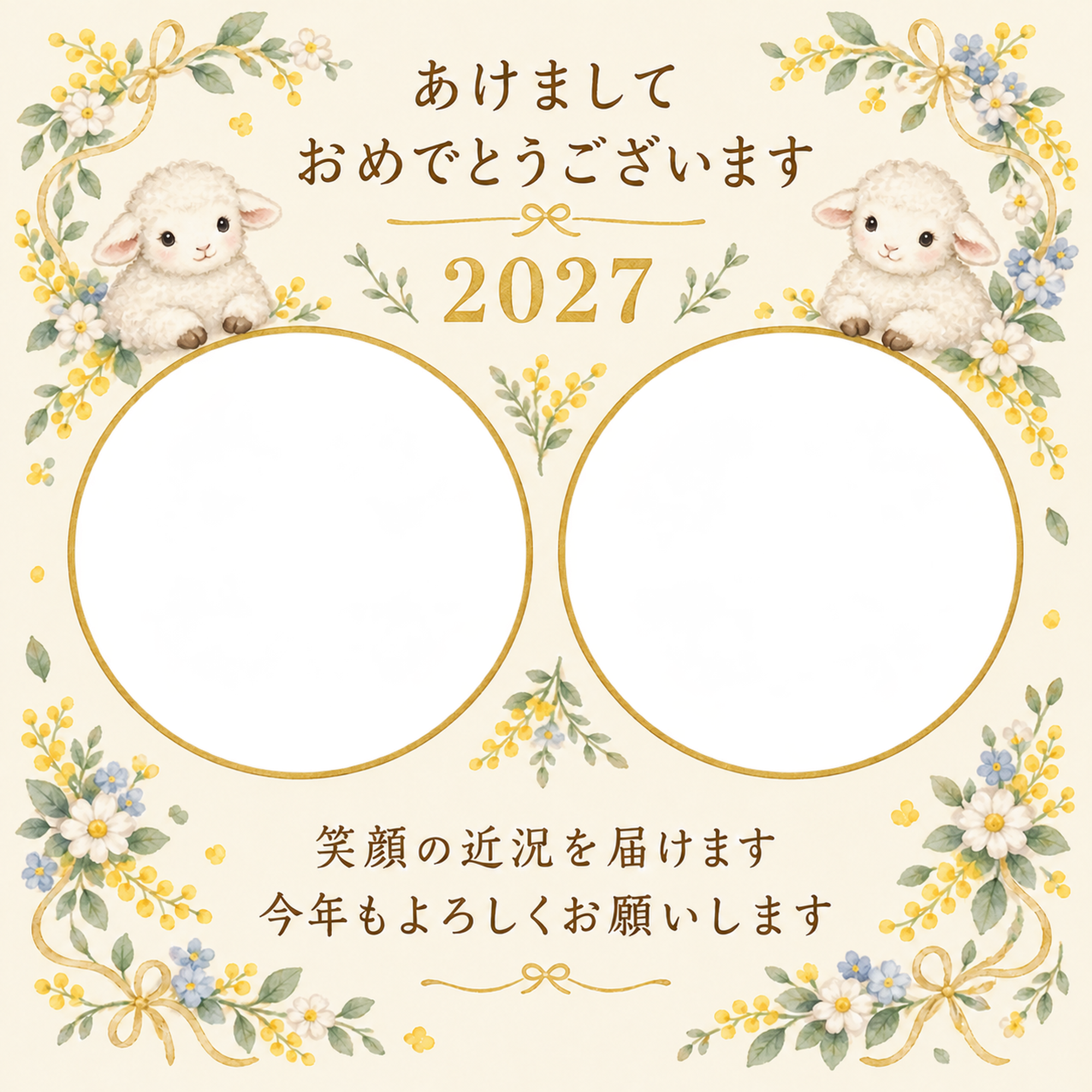 小花の丸いリースの写真年賀状｜無料イラスト素材 99172に写真・文字を入れる