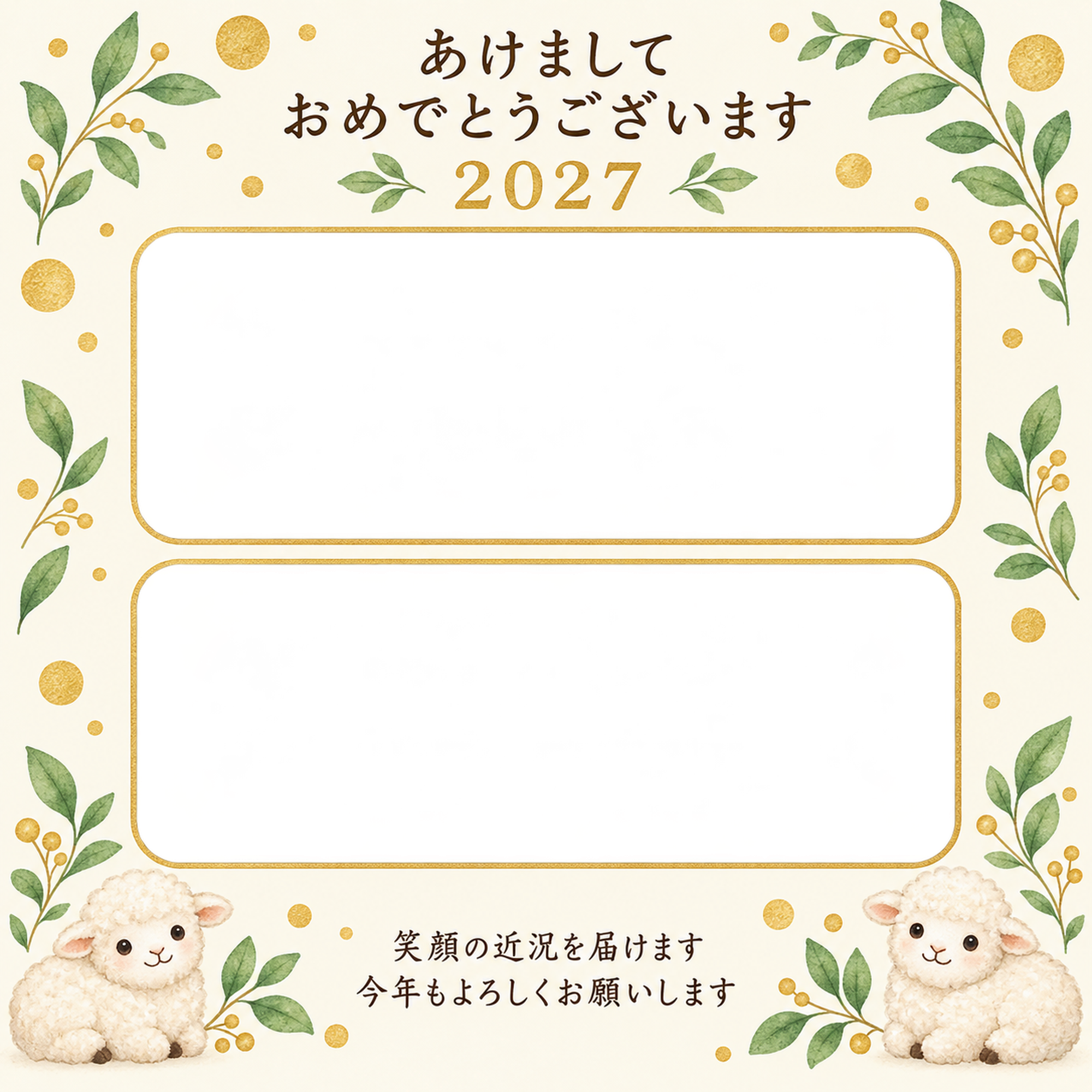 丸飾りと緑の葉の写真年賀状｜無料イラスト素材 99173に写真・文字を入れる