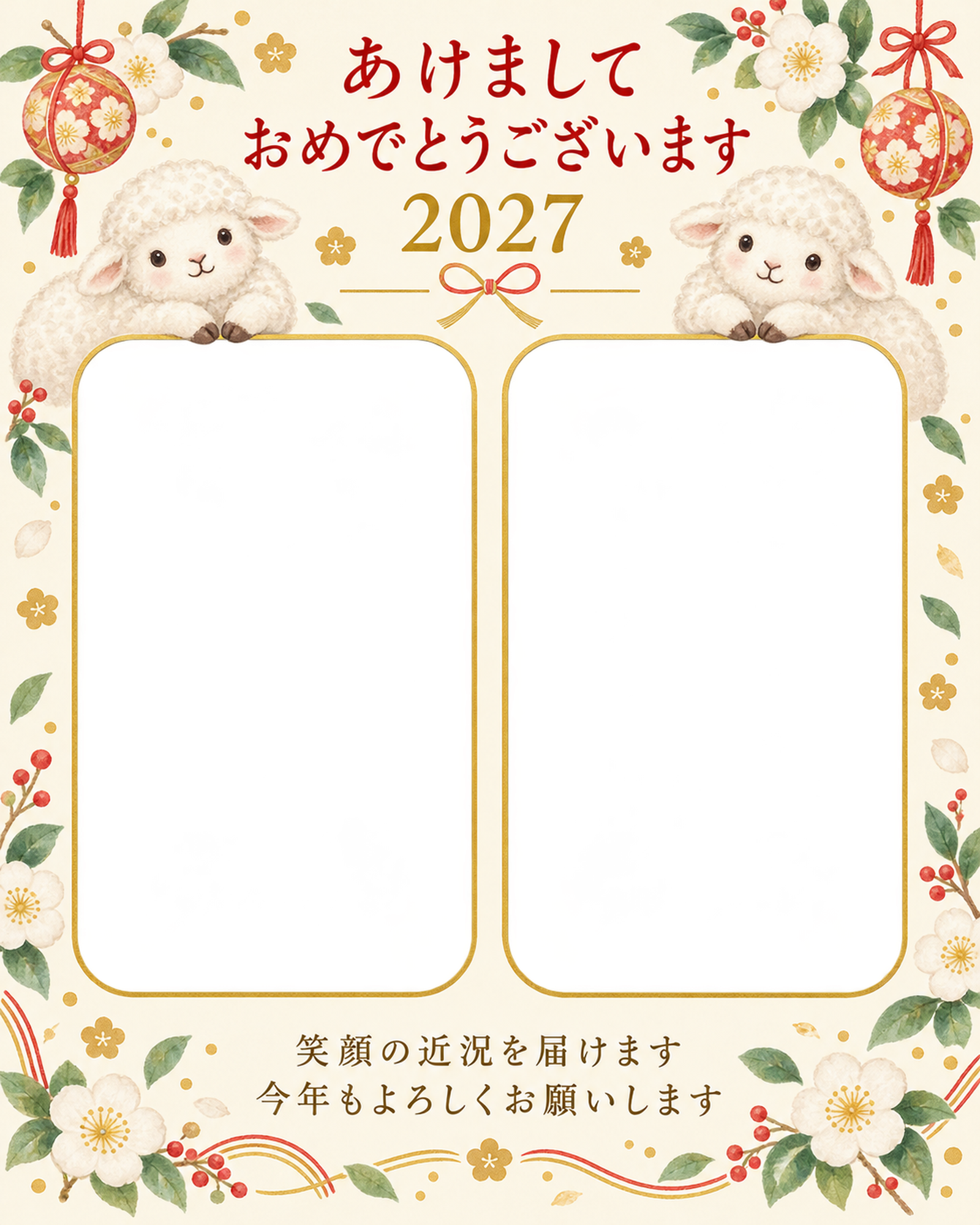 ふたりの丸飾りの写真年賀状｜無料イラスト素材 99176に写真・文字を入れる