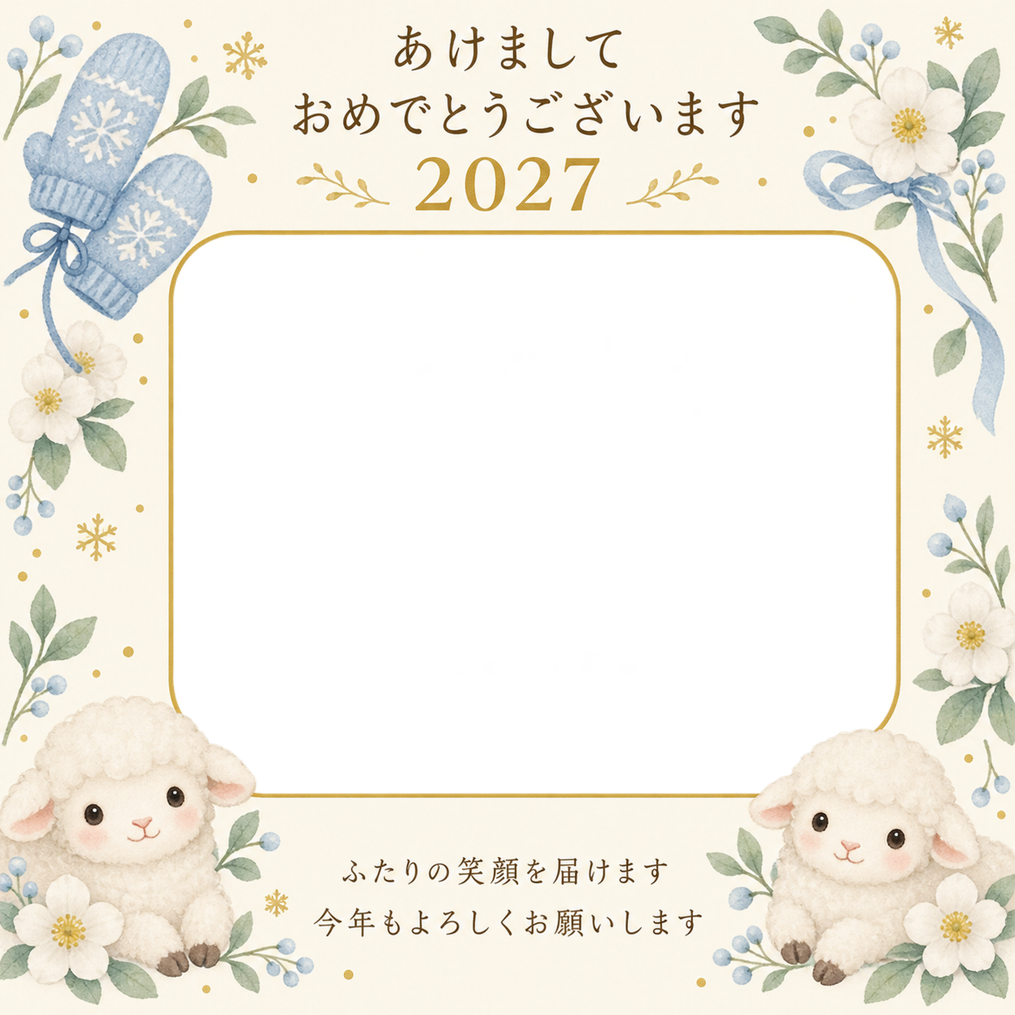 青い手袋と白い花の写真年賀状｜無料イラスト素材 99180に写真・文字を入れる
