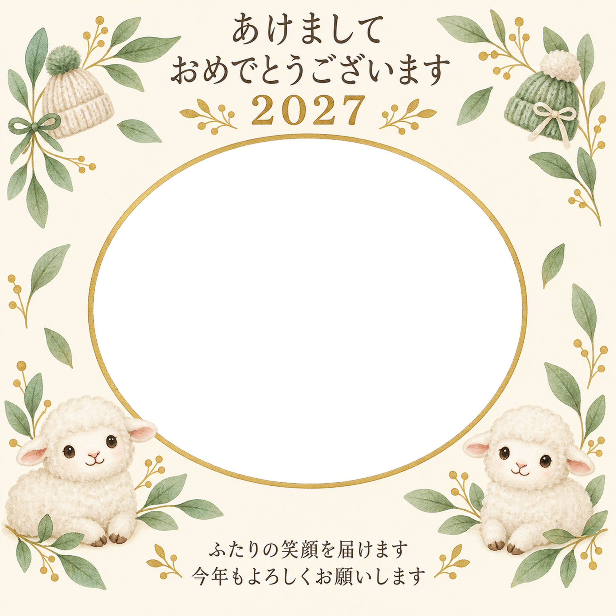 小さな帽子と葉の写真年賀状｜無料イラスト素材 99181に写真・文字を入れる