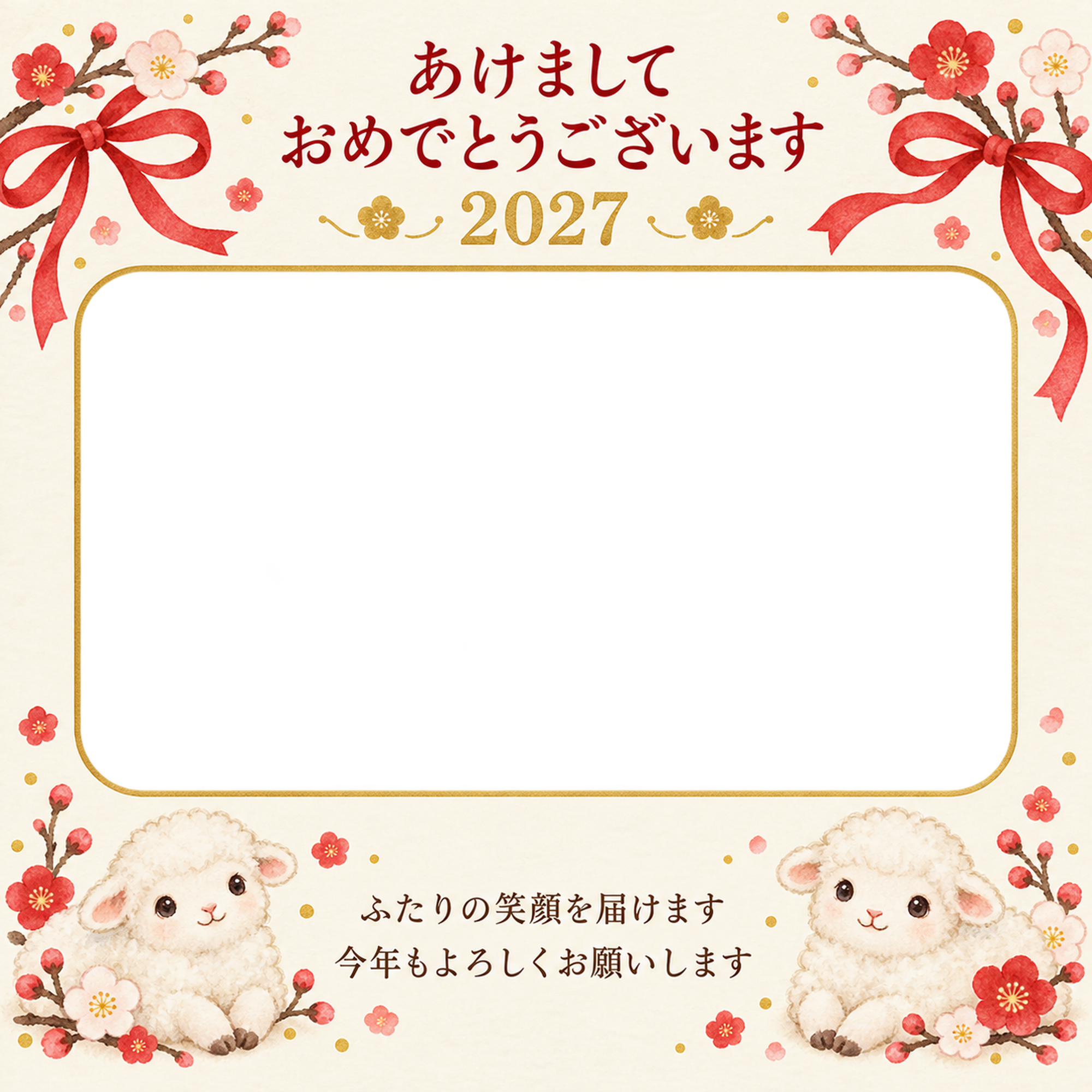 赤いリボンと梅の写真年賀状｜無料イラスト素材 99182に写真・文字を入れる