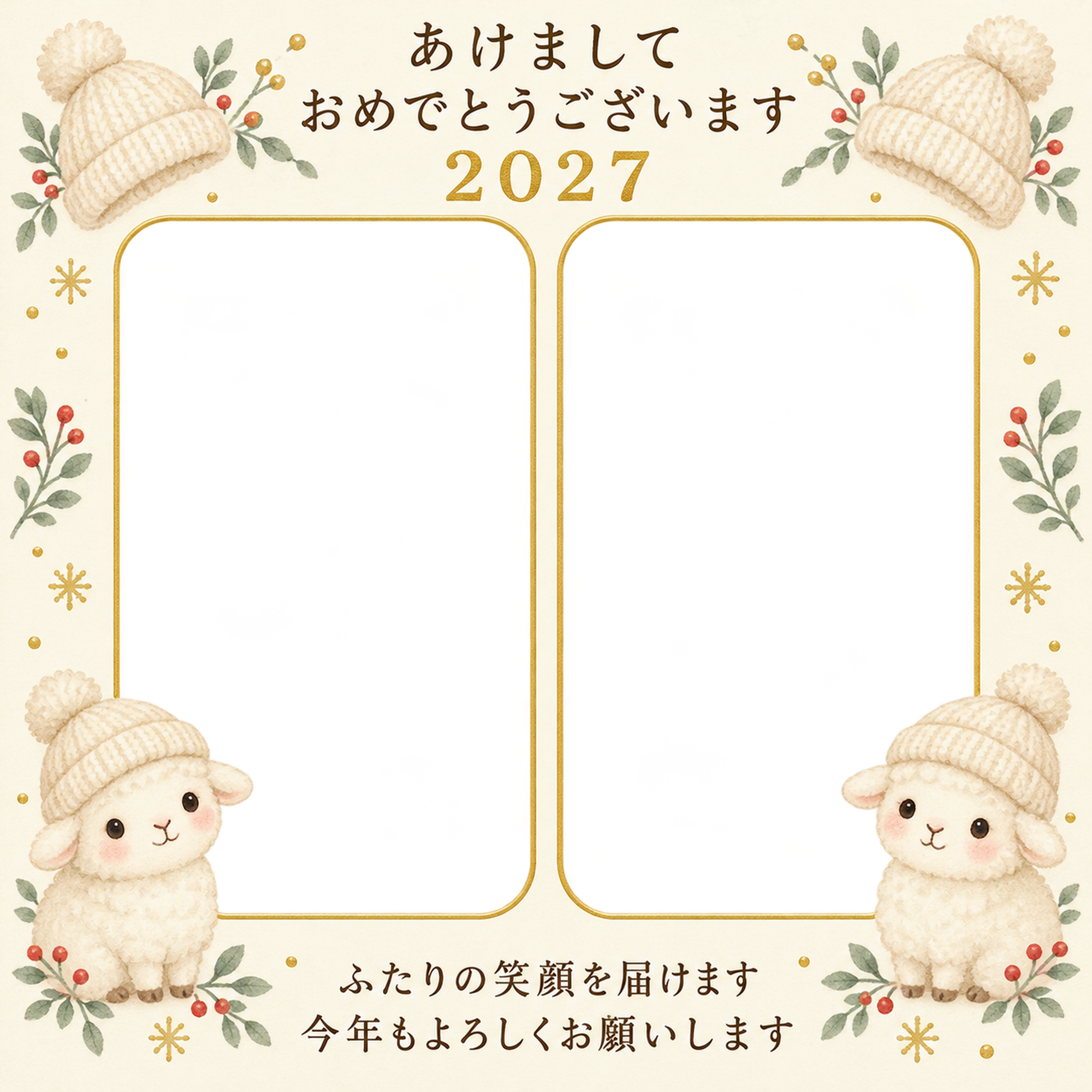 おそろいのニット帽の写真年賀状｜無料イラスト素材 99183に写真・文字を入れる