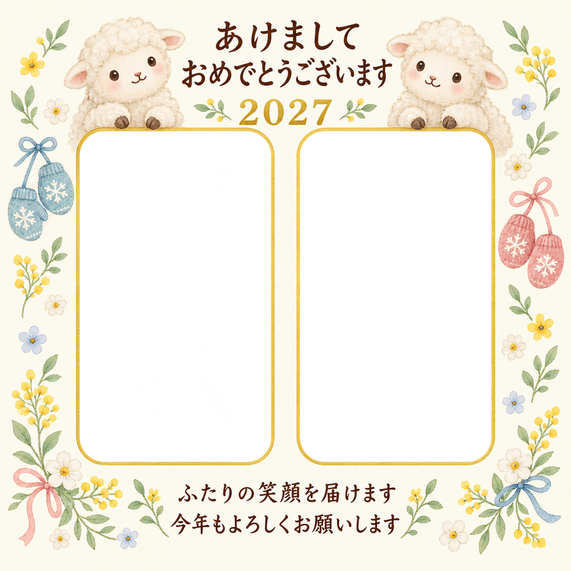 ふたつの手袋と小花の写真年賀状｜無料イラスト素材 99184に写真・文字を入れる