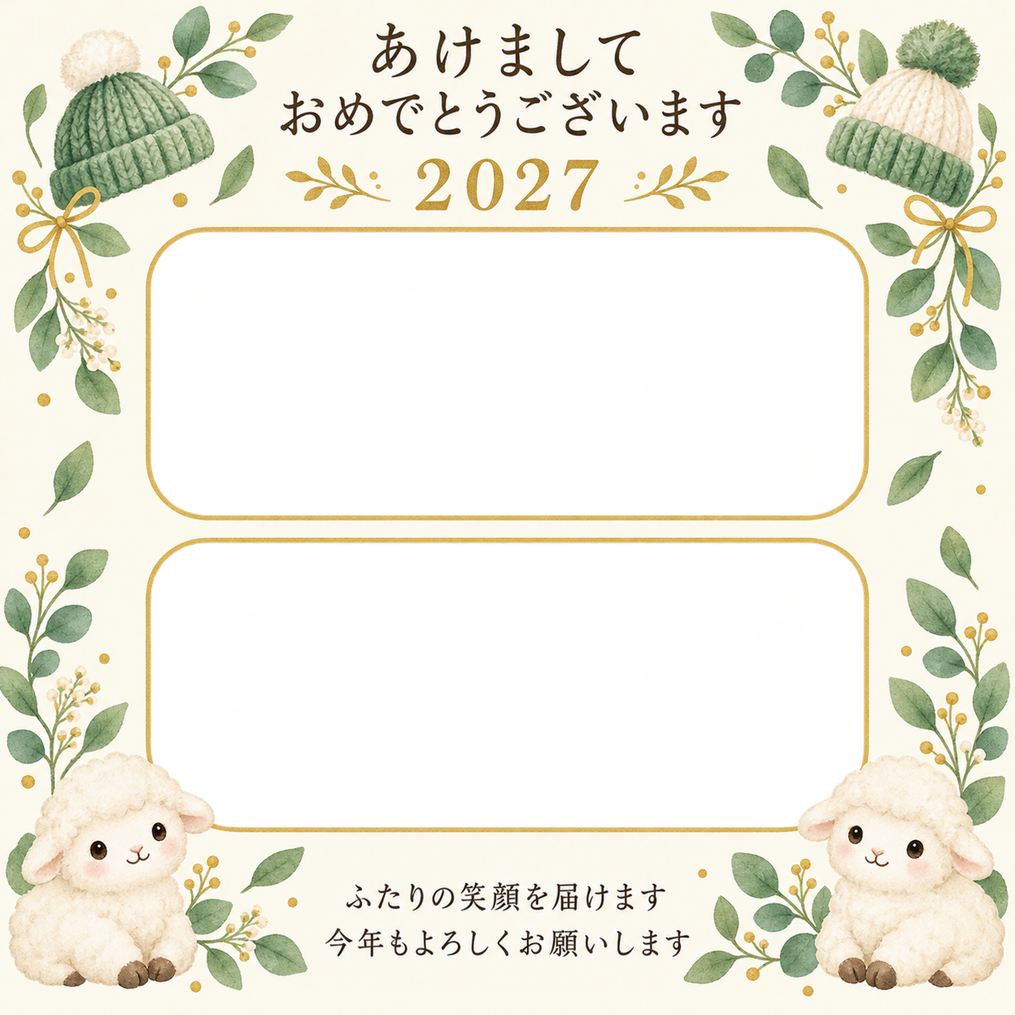 帽子と緑の葉の写真年賀状｜無料イラスト素材 99186に写真・文字を入れる