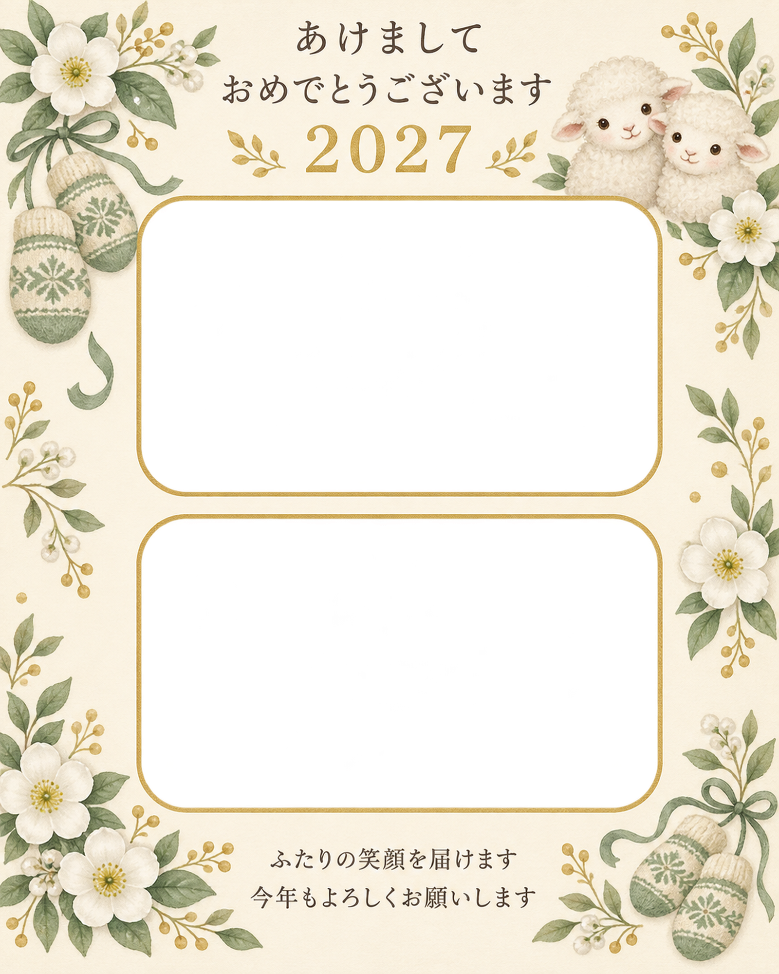 手袋と白い花の写真年賀状｜無料イラスト素材 99190に写真・文字を入れる