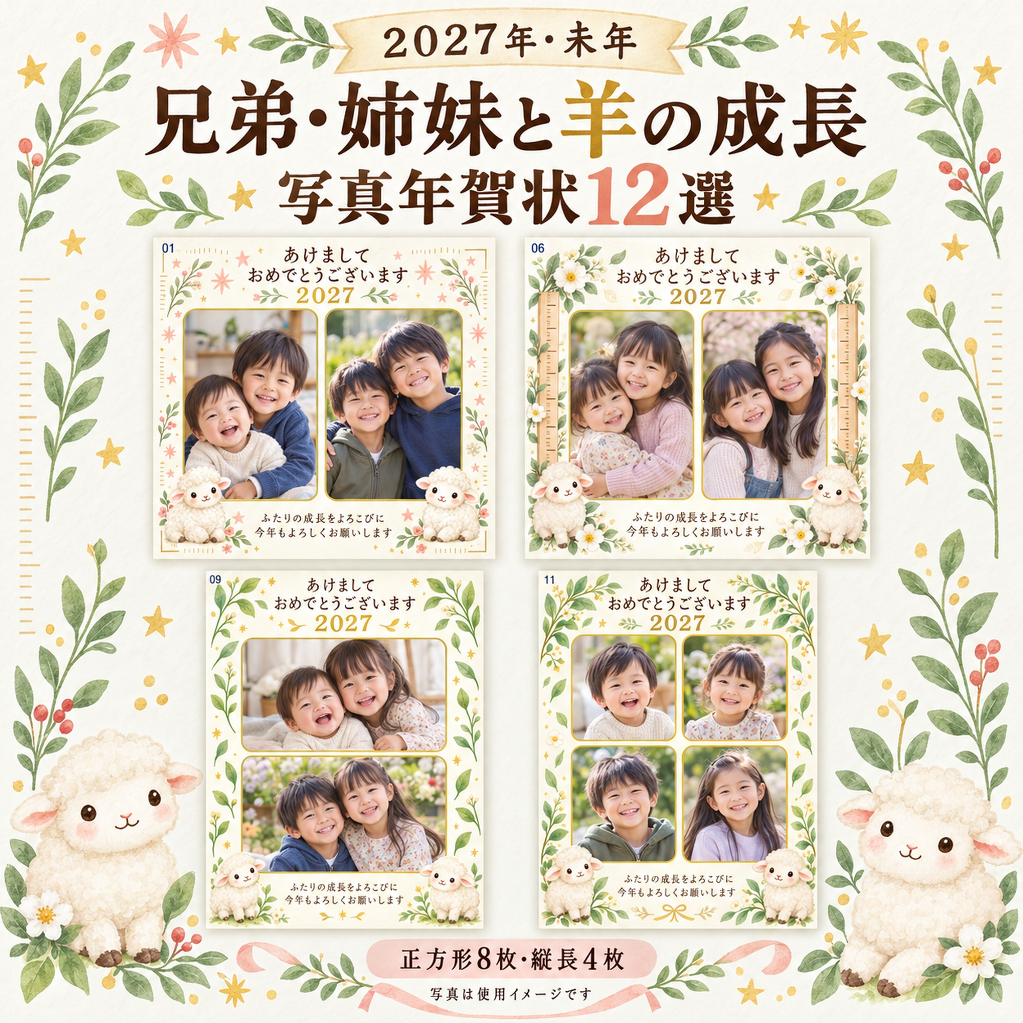 兄弟・姉妹と羊の成長写真年賀状12選｜無料イラスト素材 99191に写真・文字を入れる