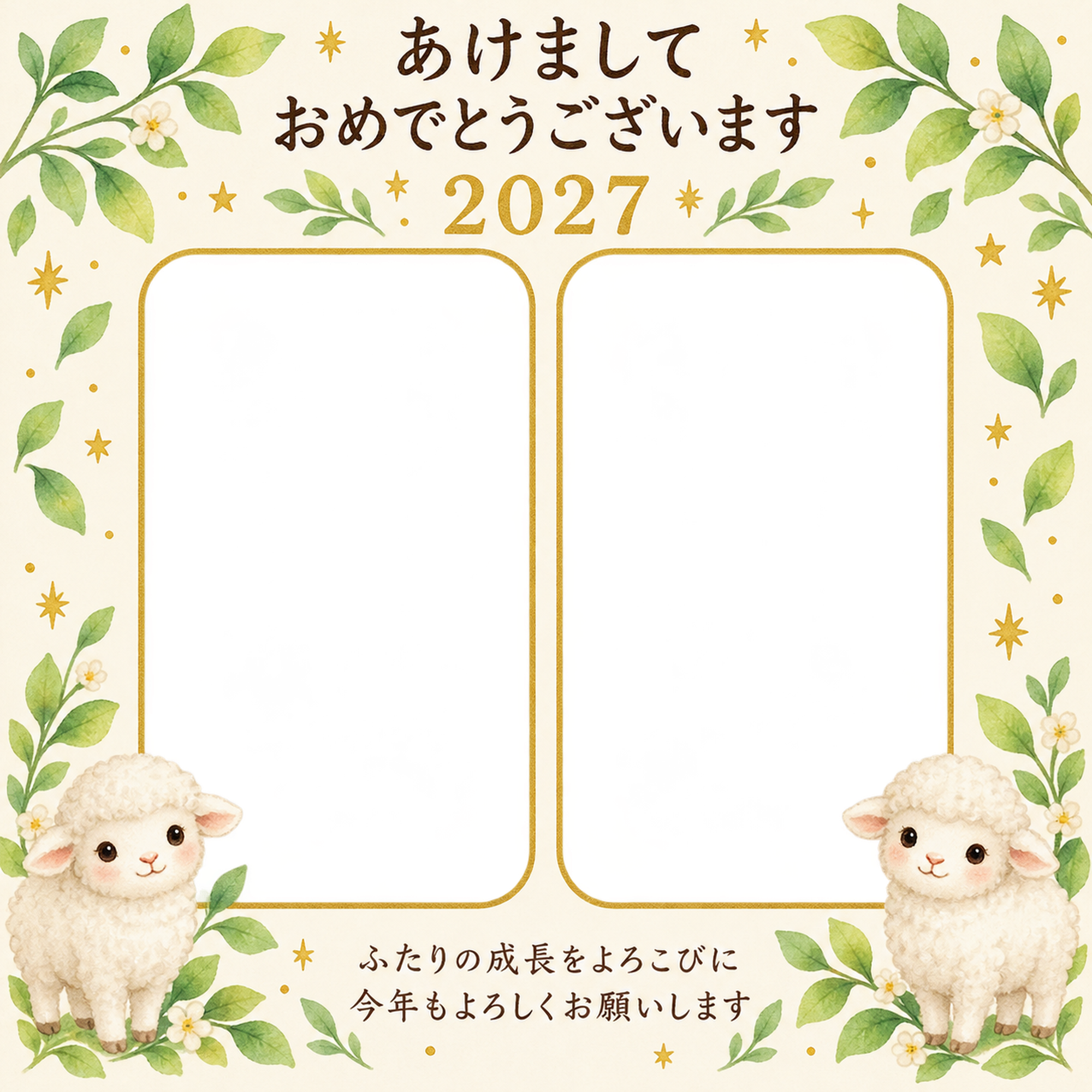 若葉と金色の星の写真年賀状｜無料イラスト素材 99193に写真・文字を入れる