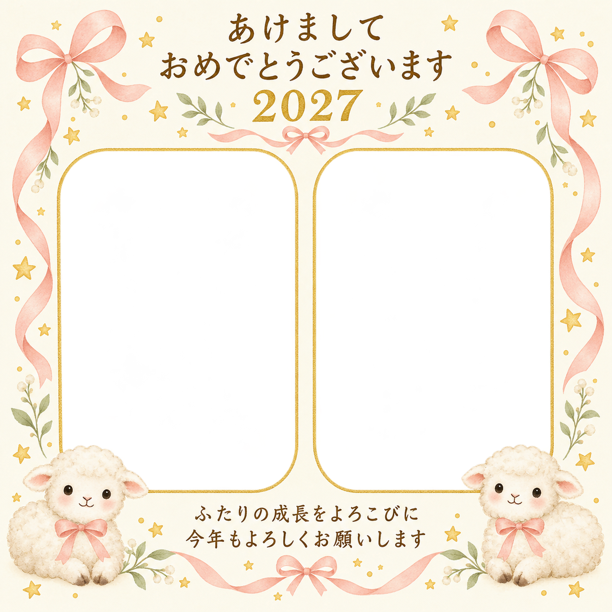 桃色リボンと成長の星の写真年賀状｜無料イラスト素材 99196に写真・文字を入れる