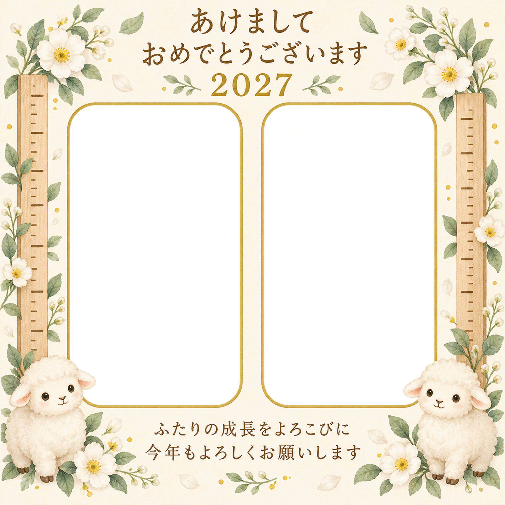 白い花と木の目盛りの写真年賀状｜無料イラスト素材 99197に写真・文字を入れる