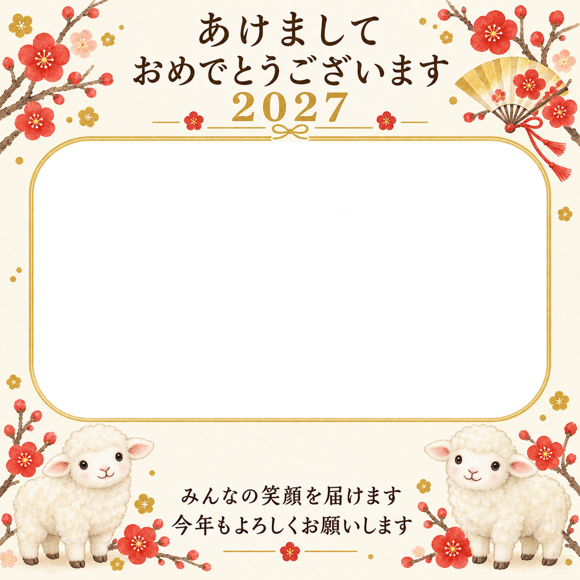 扇と赤い梅の写真年賀状｜無料イラスト素材 99205に写真・文字を入れる