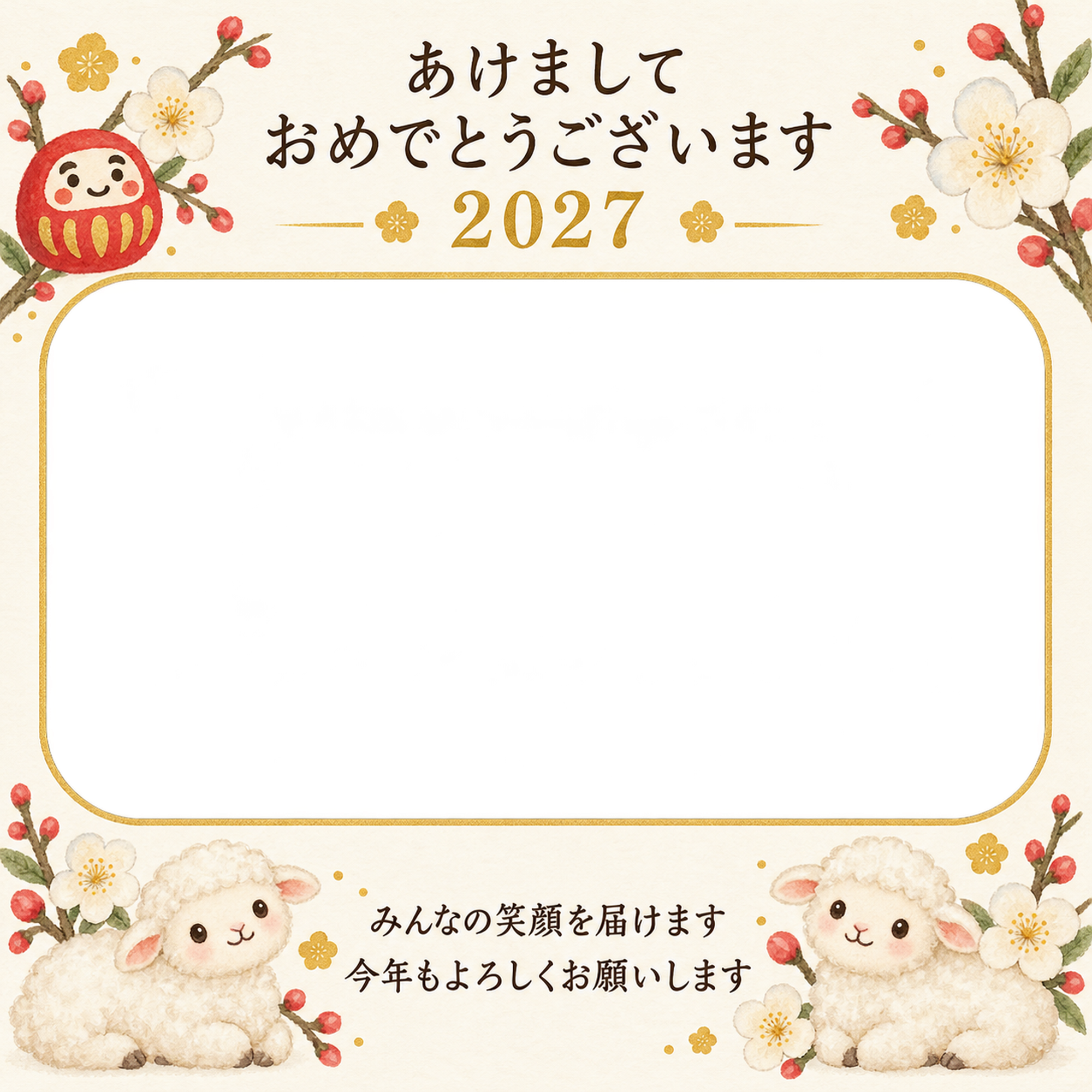 小さなだるまと白梅の写真年賀状｜無料イラスト素材 99206に写真・文字を入れる