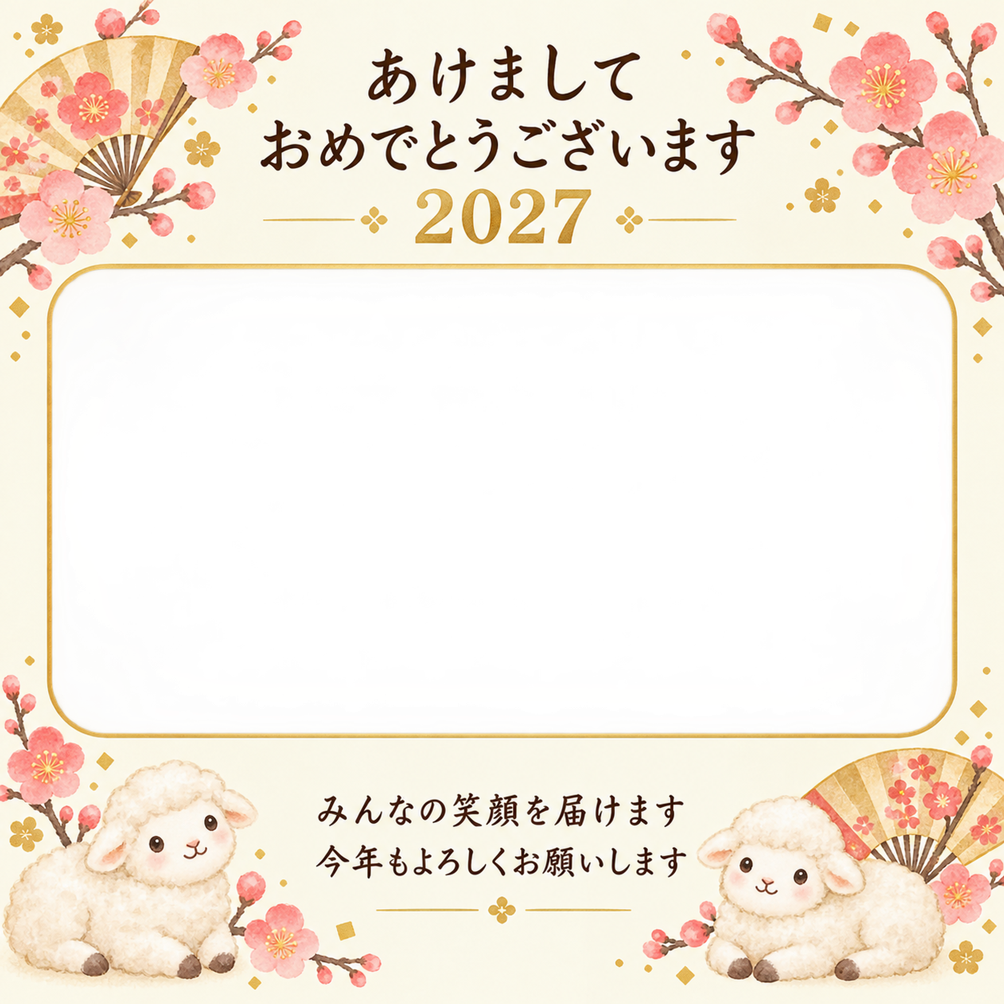 扇と桃色の梅の写真年賀状｜無料イラスト素材 99209に写真・文字を入れる