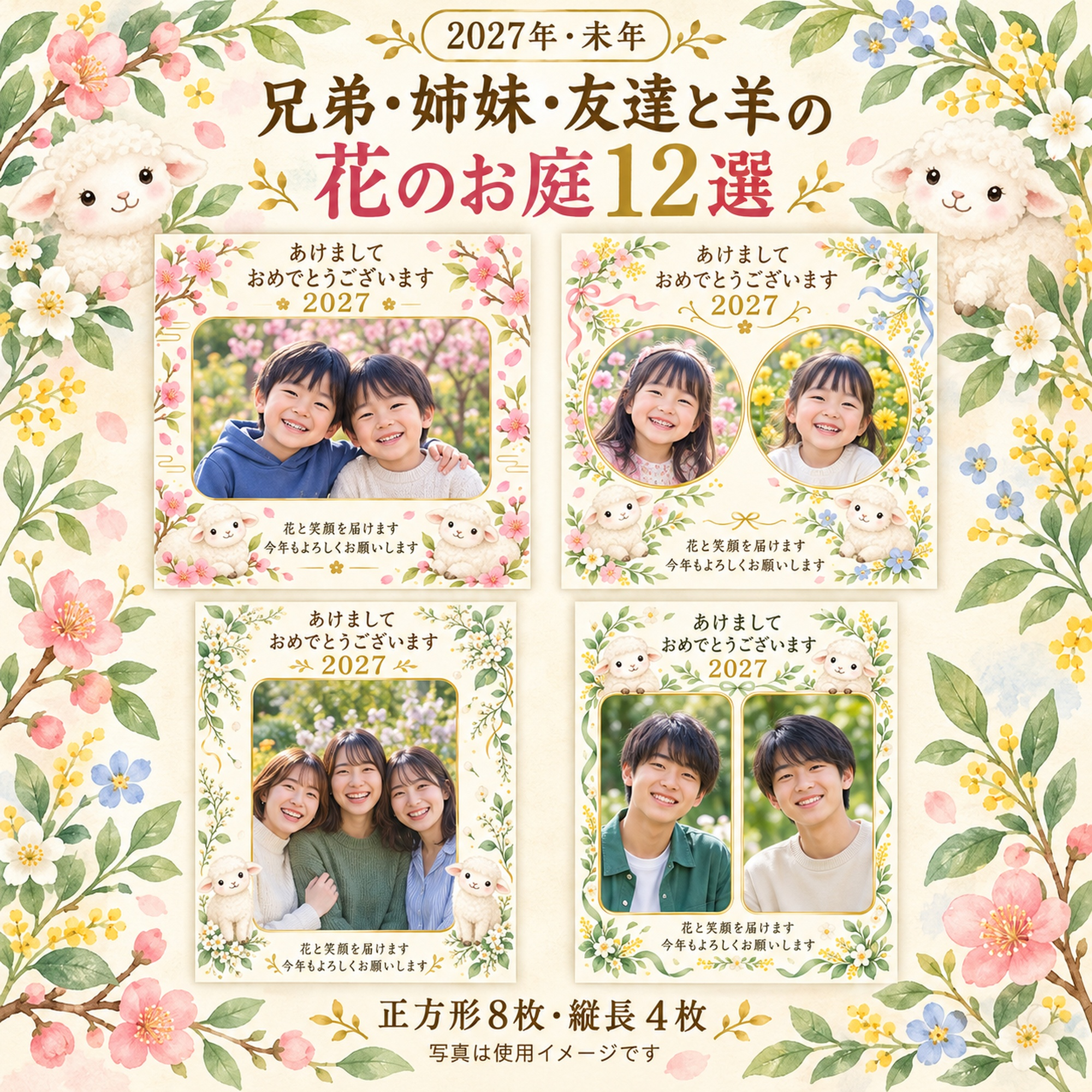 兄弟・姉妹・友達と羊の花のお庭12選｜無料イラスト素材 99217に写真・文字を入れる
