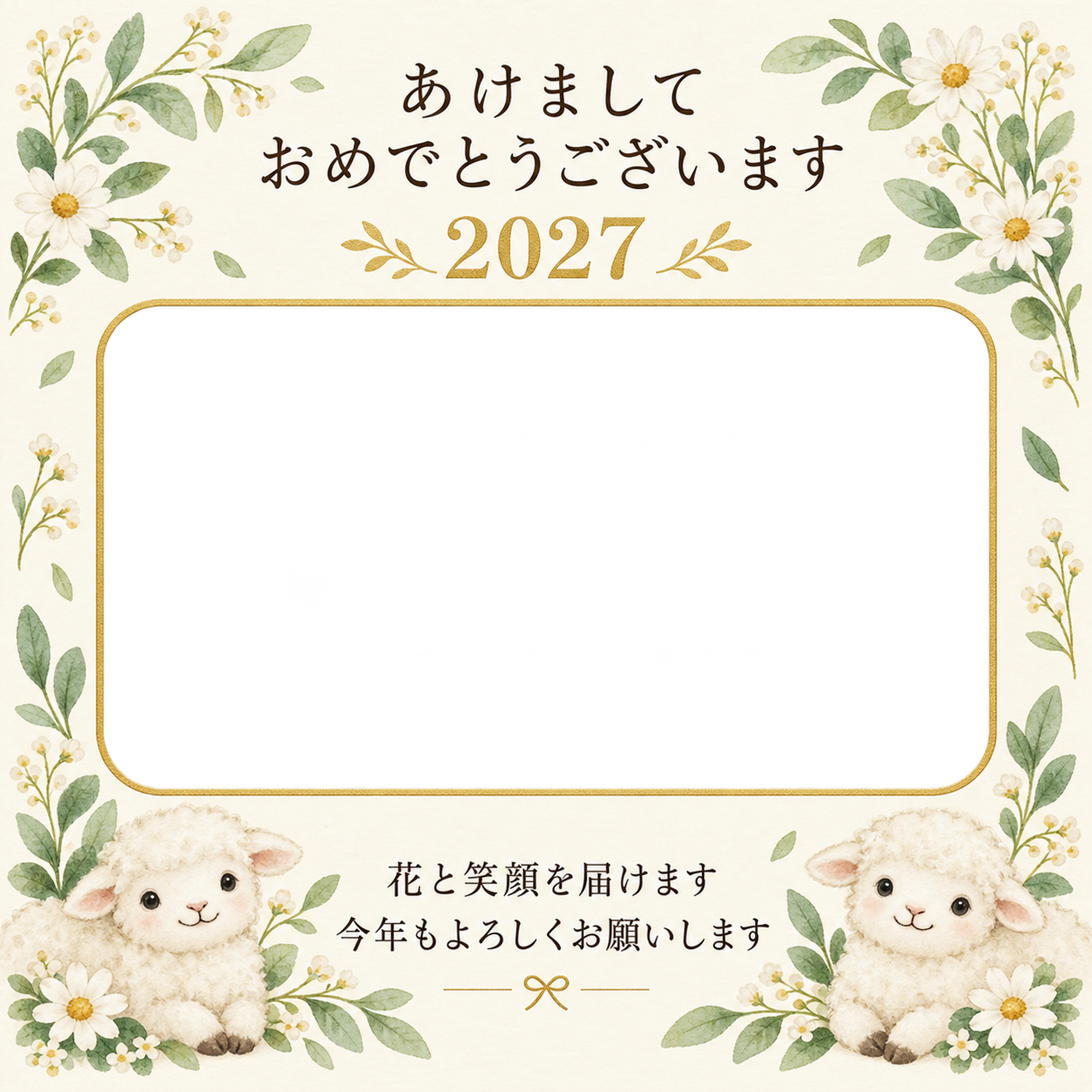 白い小花と若葉の写真年賀状｜無料イラスト素材 99219に写真・文字を入れる