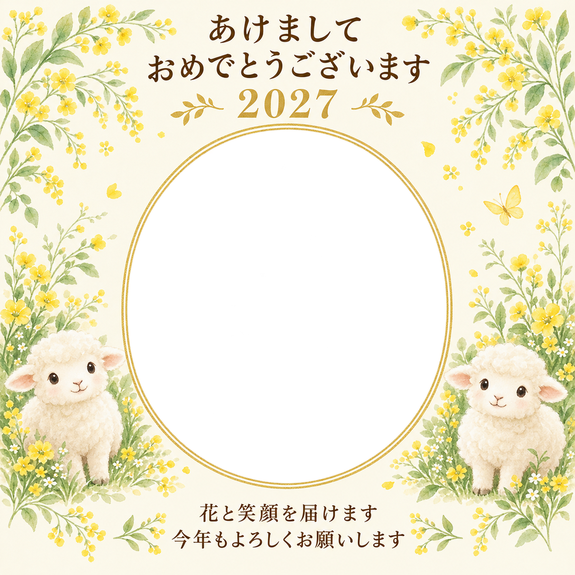 黄色い小花の庭の写真年賀状｜無料イラスト素材 99220に写真・文字を入れる
