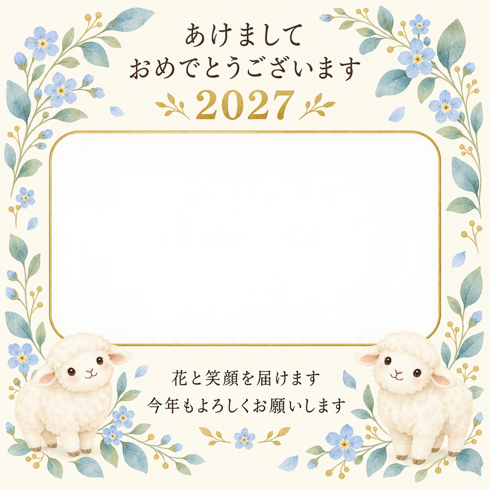 青い花と葉のリースの写真年賀状｜無料イラスト素材 99221に写真・文字を入れる