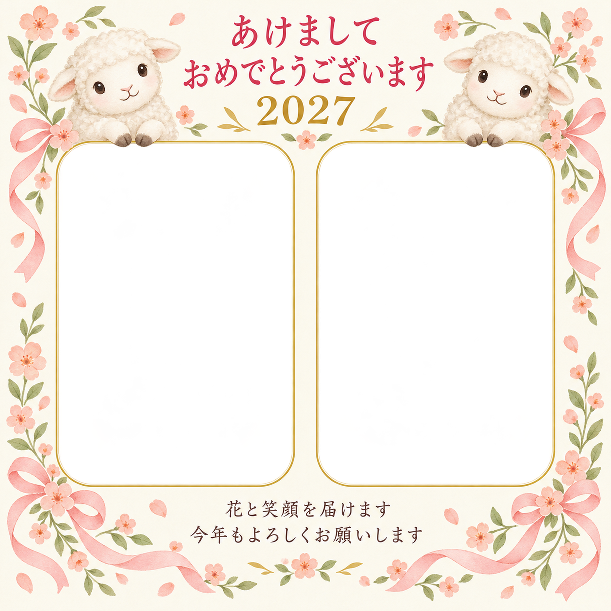 桃色の小花とリボンの写真年賀状｜無料イラスト素材 99222に写真・文字を入れる