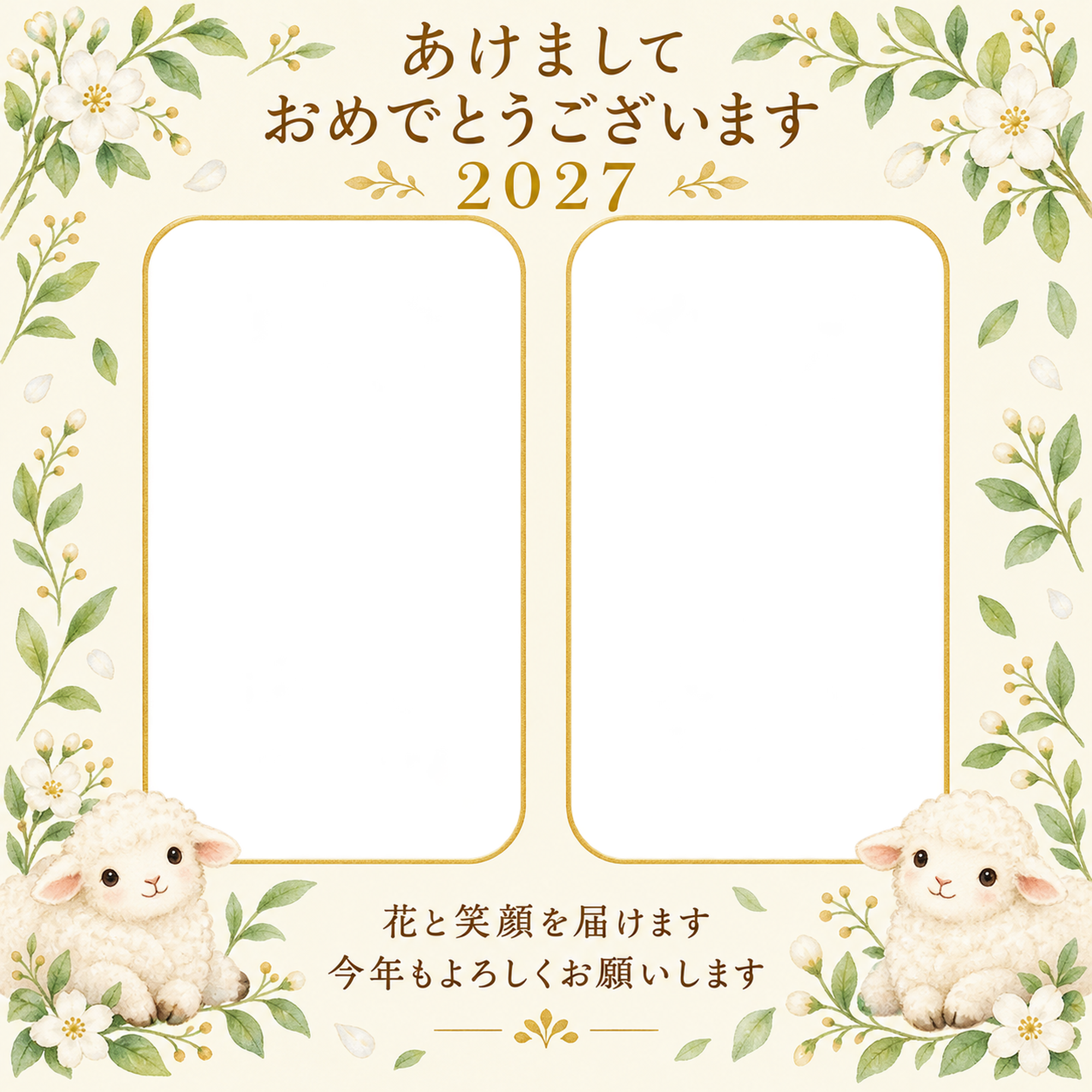 白い花と小さな葉の写真年賀状｜無料イラスト素材 99223に写真・文字を入れる