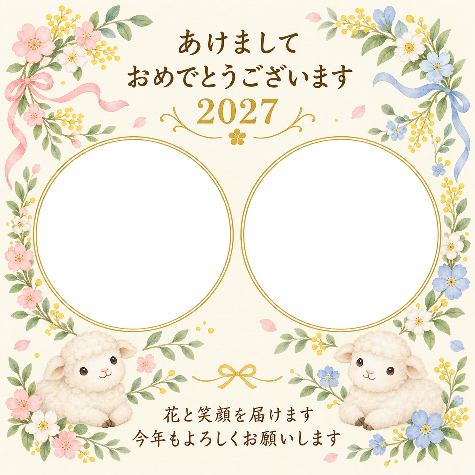 ふたつの花のリースの写真年賀状｜無料イラスト素材 99224に写真・文字を入れる