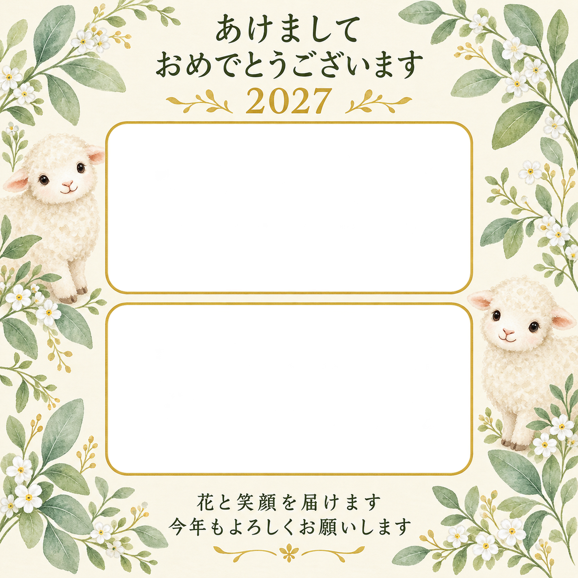 葉と小花の庭の写真年賀状｜無料イラスト素材 99225に写真・文字を入れる