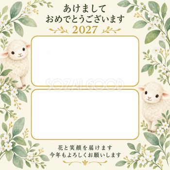 葉と小花の庭の写真年賀状｜無料イラスト素材 99225