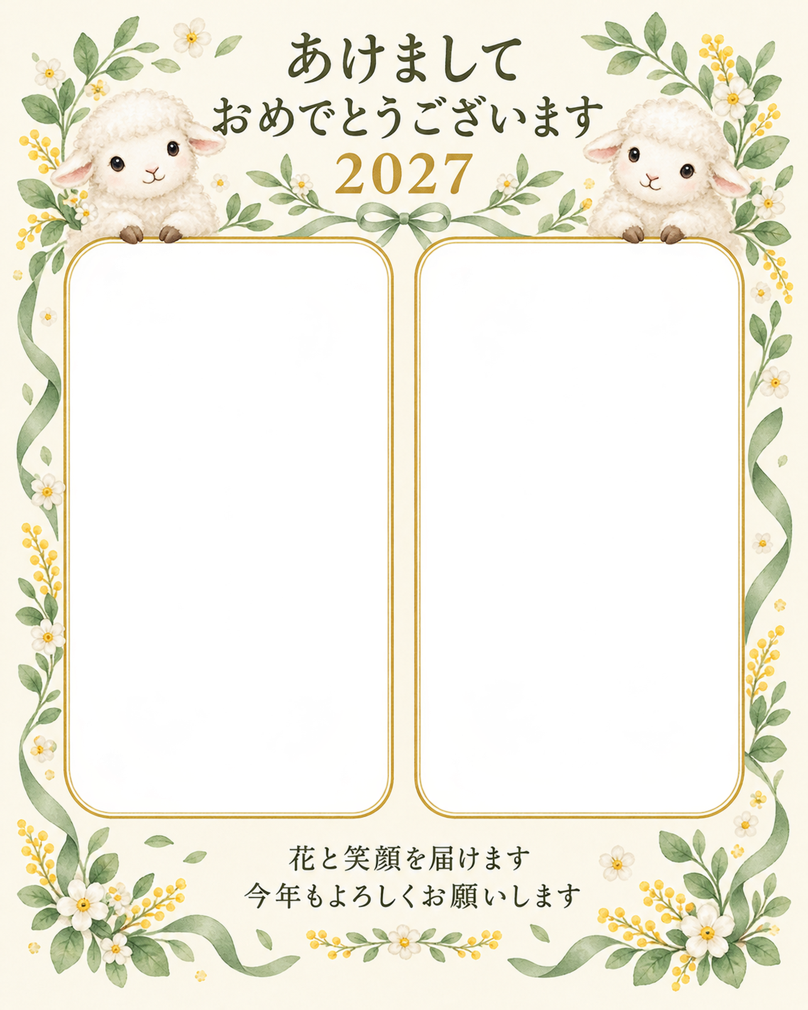 小花と緑の結び目の写真年賀状｜無料イラスト素材 99228に写真・文字を入れる