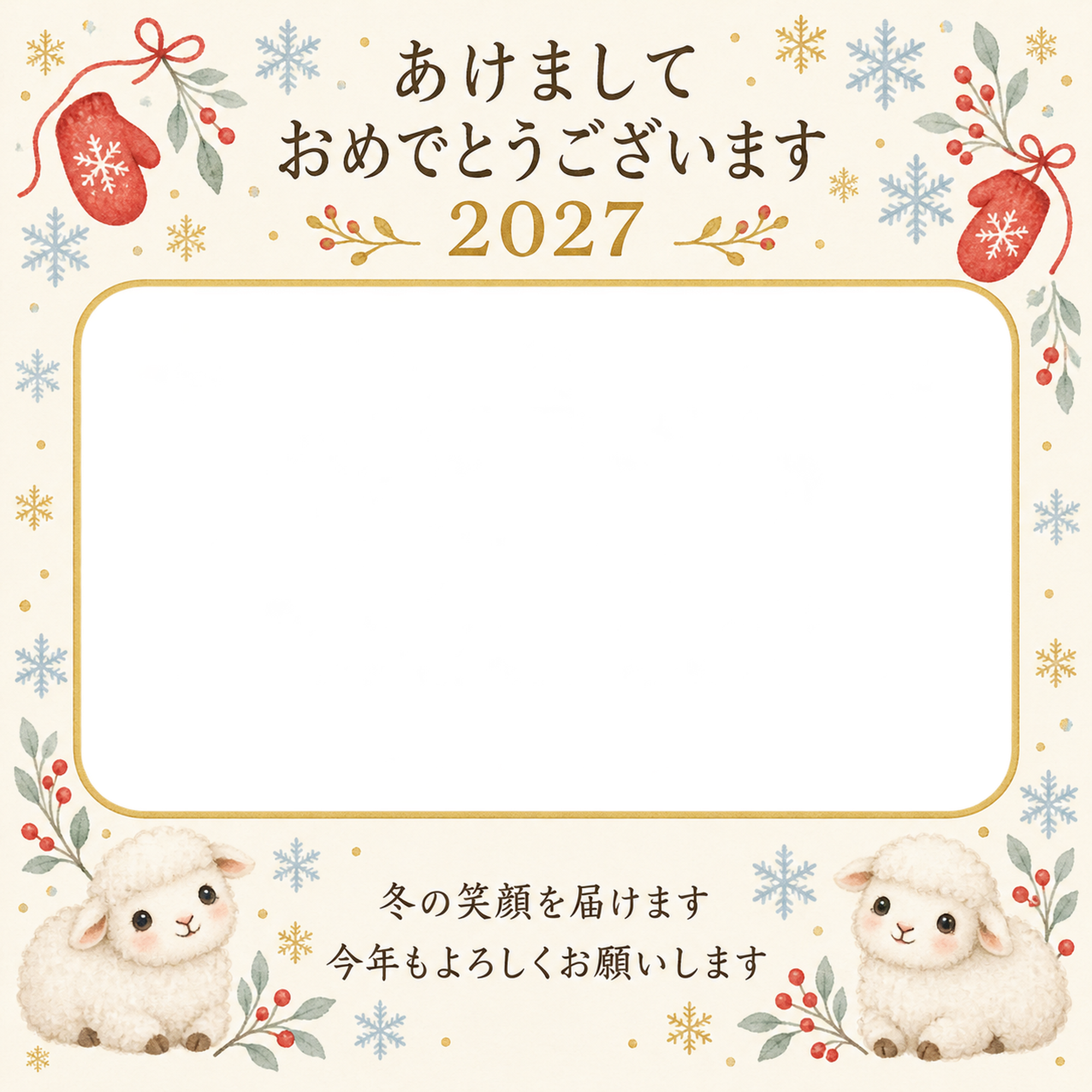 雪と赤い手袋の写真年賀状｜無料イラスト素材 99231に写真・文字を入れる