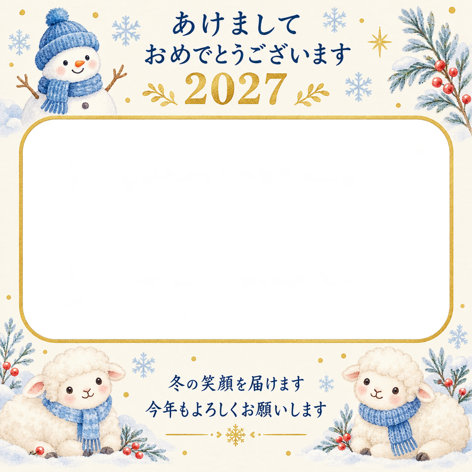 雪だるまと青い帽子の写真年賀状｜無料イラスト素材 99232に写真・文字を入れる
