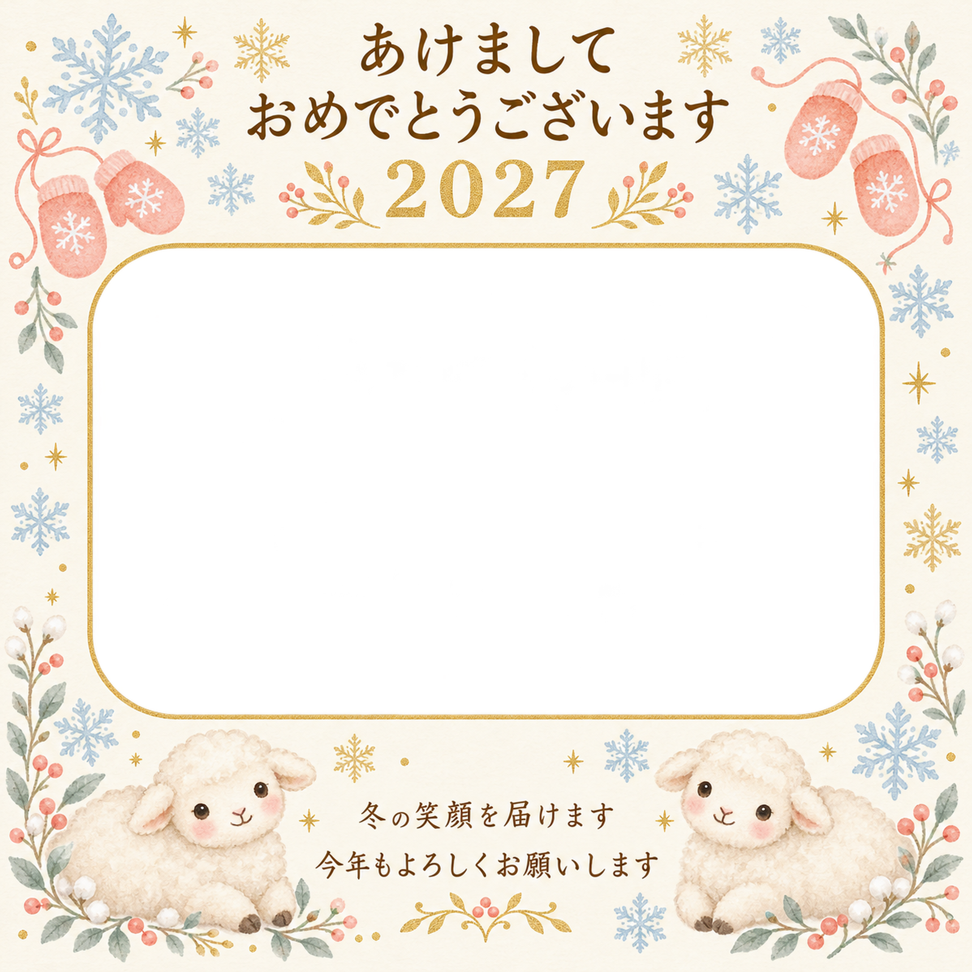 雪の結晶と桃色の手袋の写真年賀状｜無料イラスト素材 99234に写真・文字を入れる