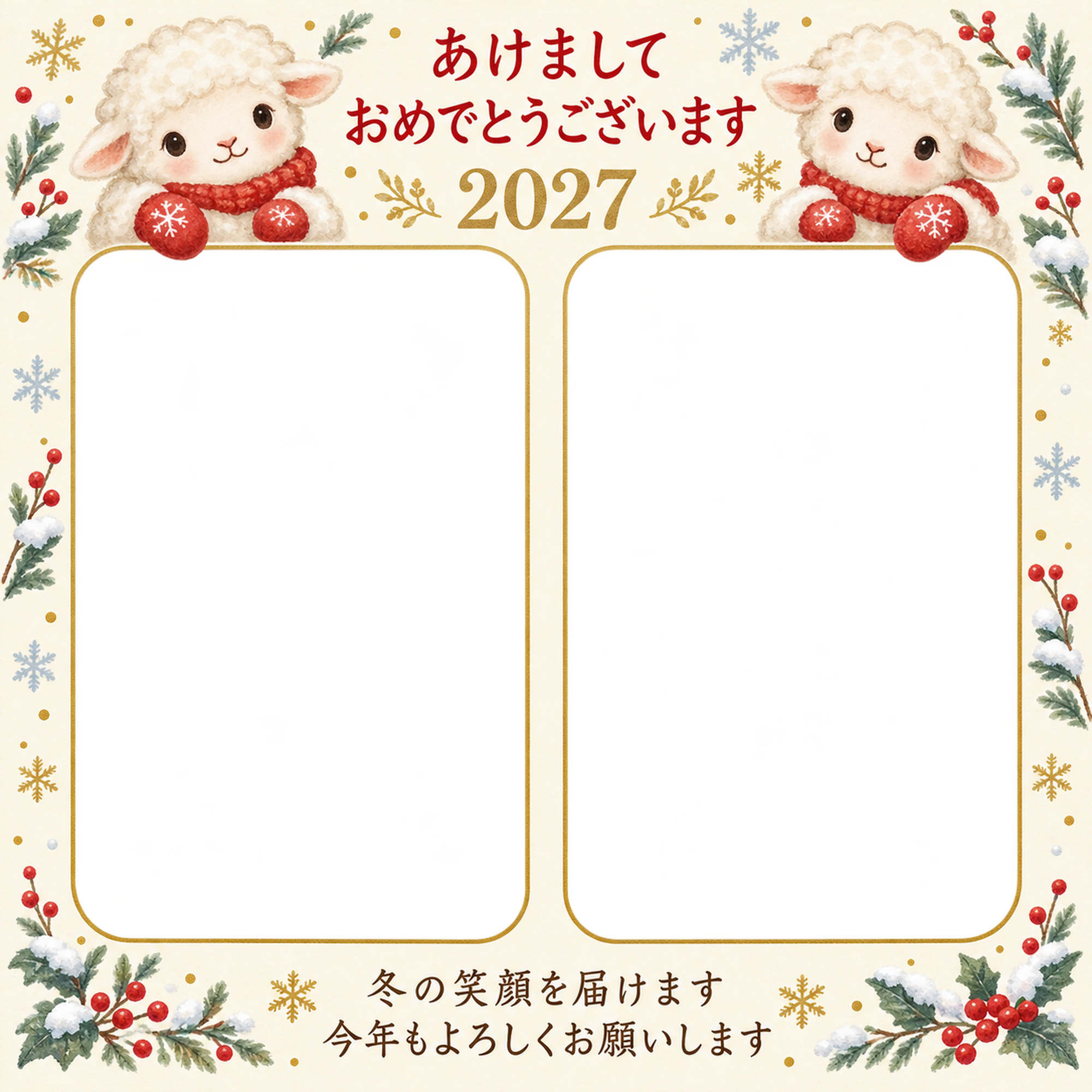 赤い手袋と白い雪の写真年賀状｜無料イラスト素材 99235に写真・文字を入れる