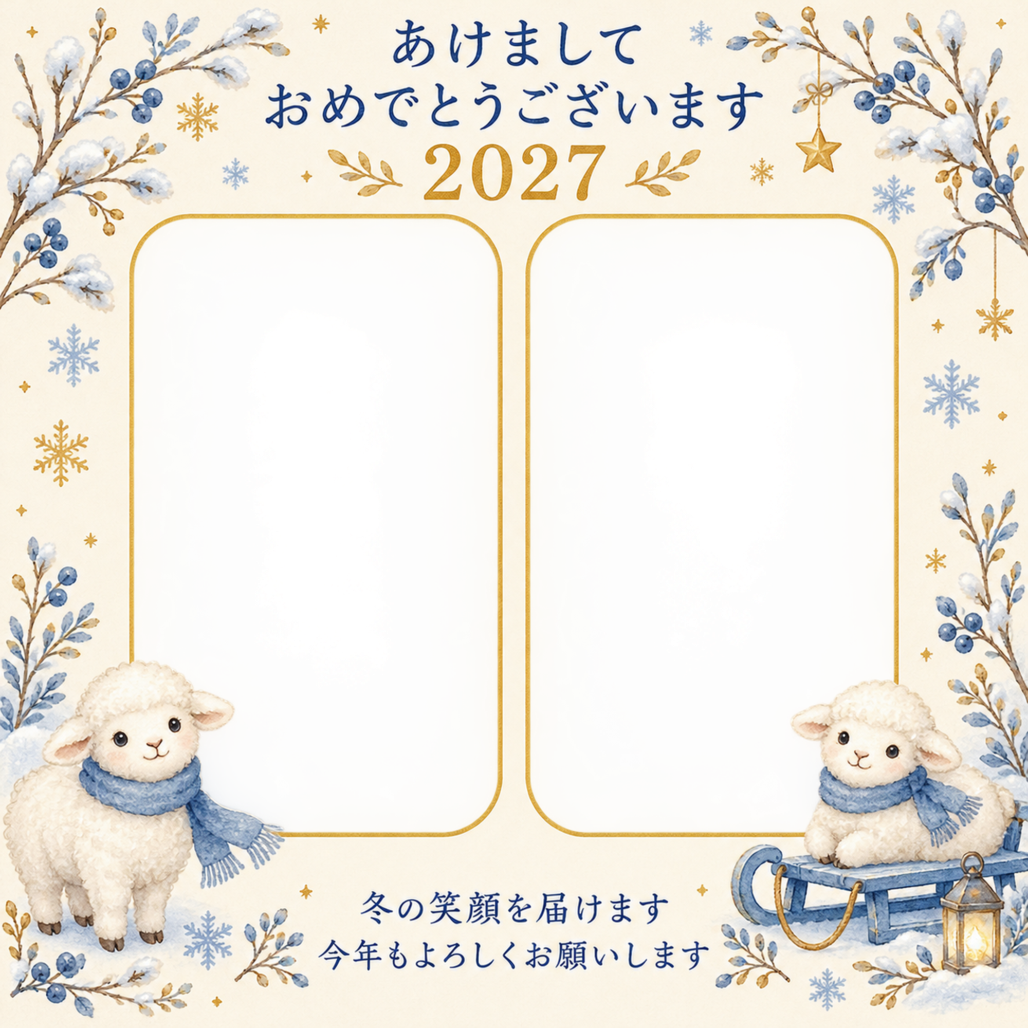 青いそりと冬の枝の写真年賀状｜無料イラスト素材 99236に写真・文字を入れる