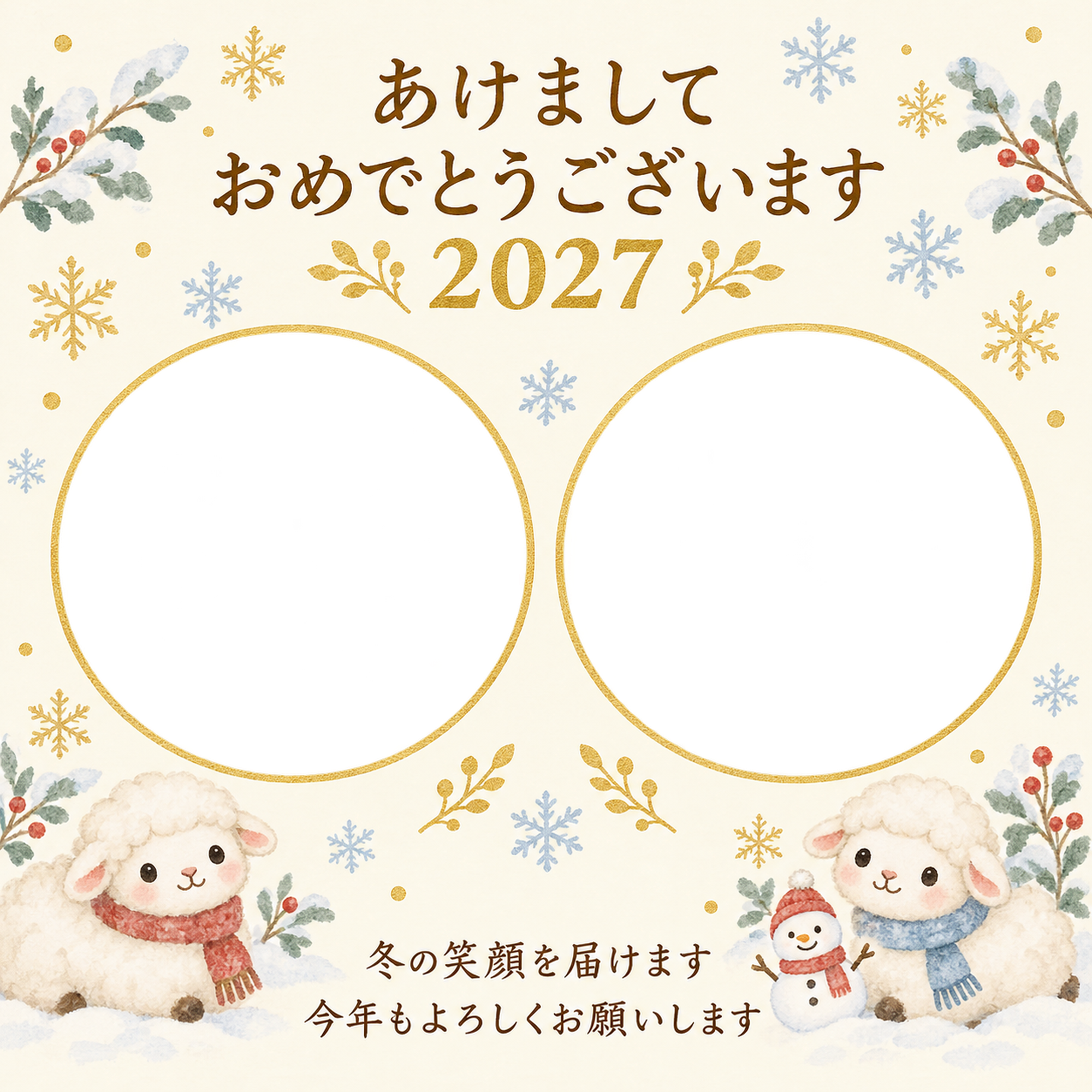 丸い窓と雪だるまの写真年賀状｜無料イラスト素材 99237に写真・文字を入れる