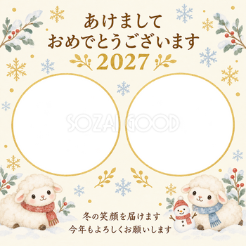 丸い窓と雪だるまの写真年賀状｜無料イラスト素材 99237