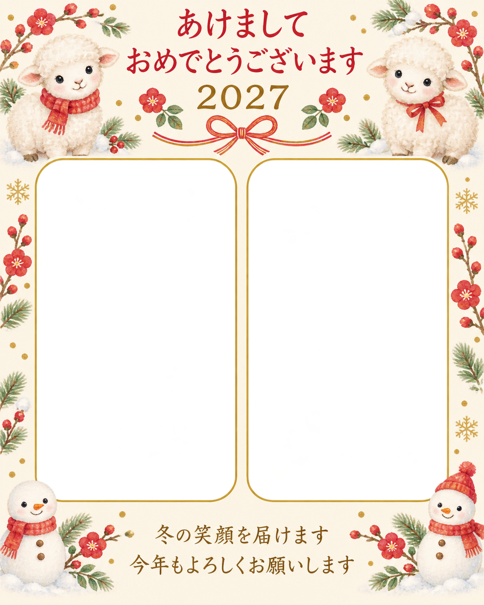 雪だるまと赤い結び目の写真年賀状｜無料イラスト素材 99241に写真・文字を入れる