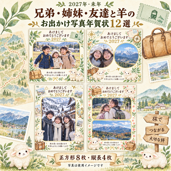 兄弟・姉妹・友達と羊のお出かけ写真年賀状12選