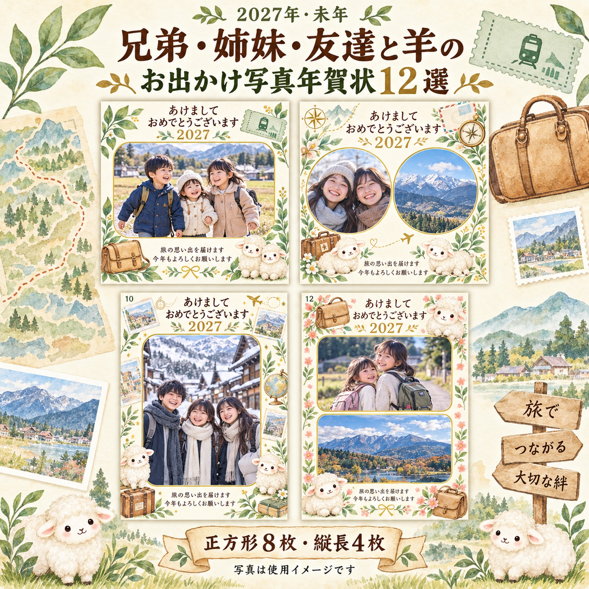 兄弟・姉妹・友達と羊のお出かけ写真年賀状12選｜無料イラスト素材 99243に写真・文字を入れる
