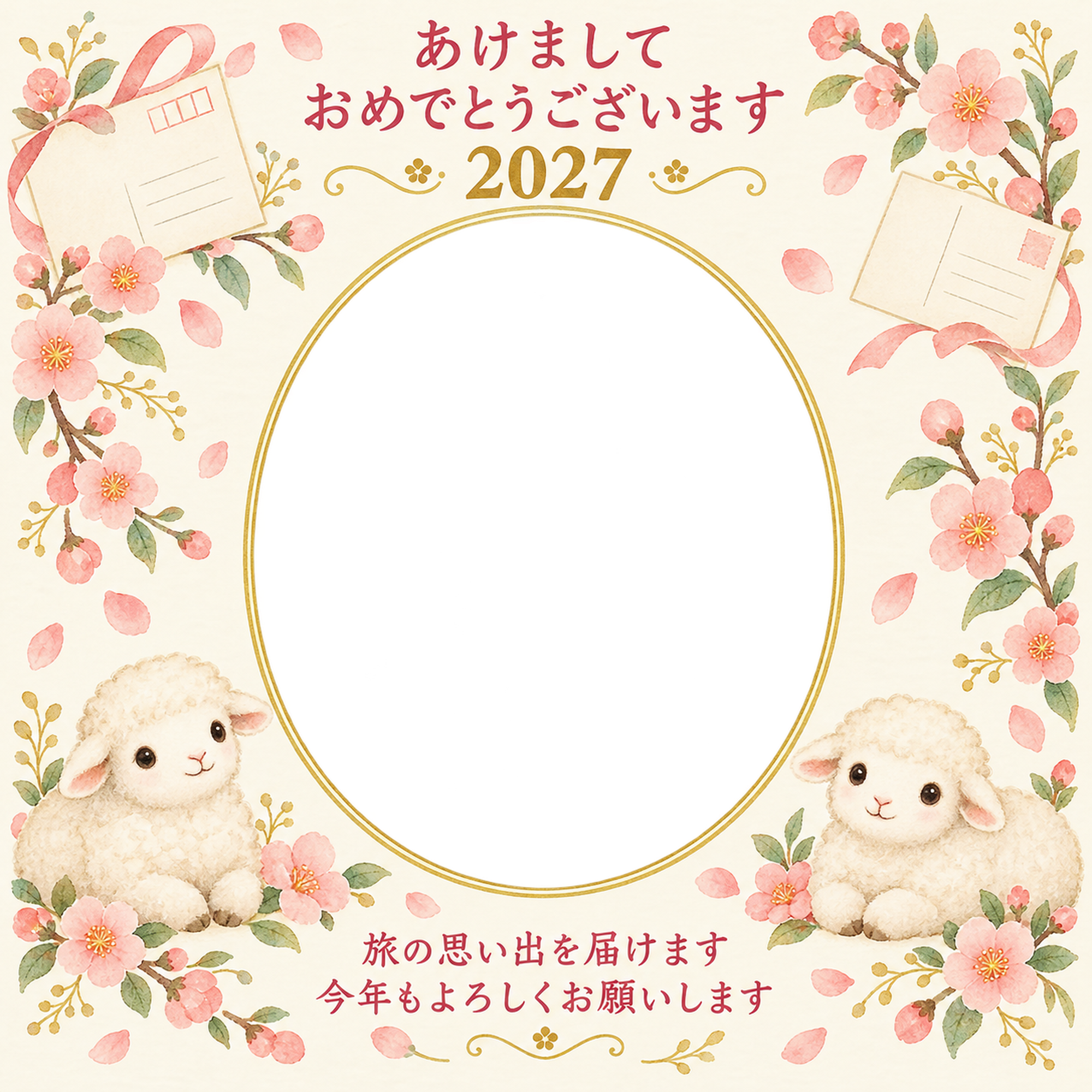 絵はがきと桃色の花の写真年賀状｜無料イラスト素材 99246に写真・文字を入れる