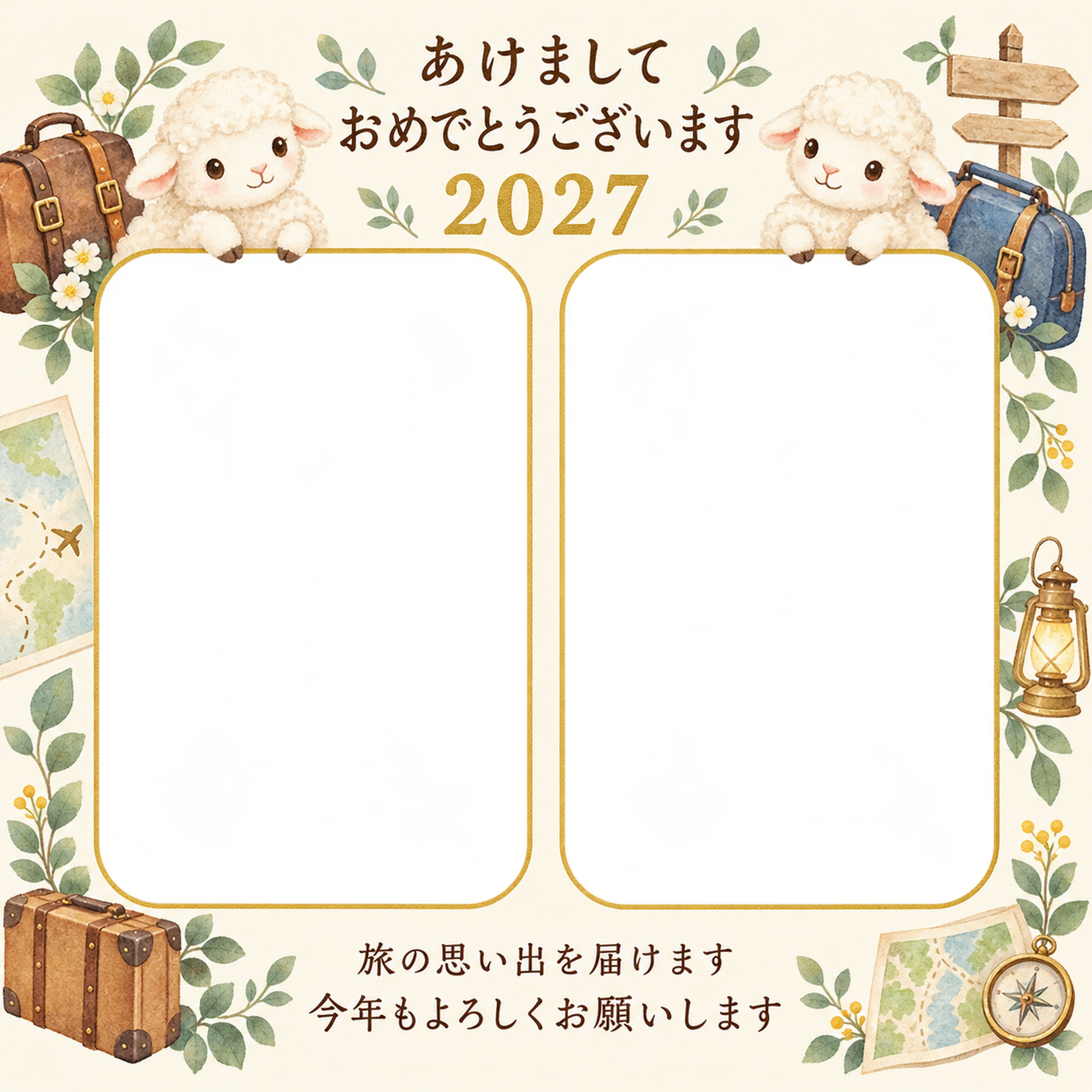 ふたりの旅のかばんの写真年賀状｜無料イラスト素材 99248に写真・文字を入れる