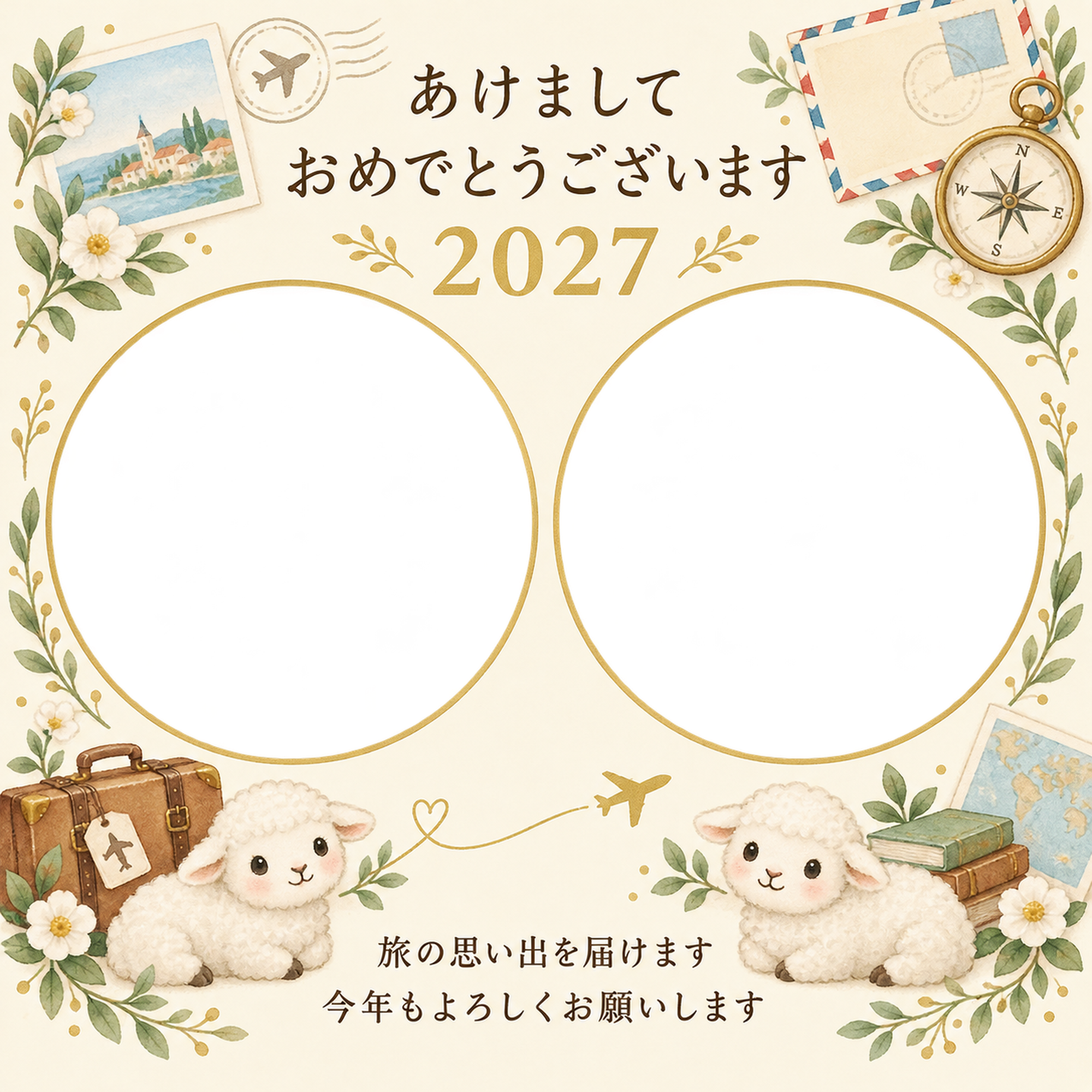 丸い窓と絵はがきの写真年賀状｜無料イラスト素材 99250に写真・文字を入れる