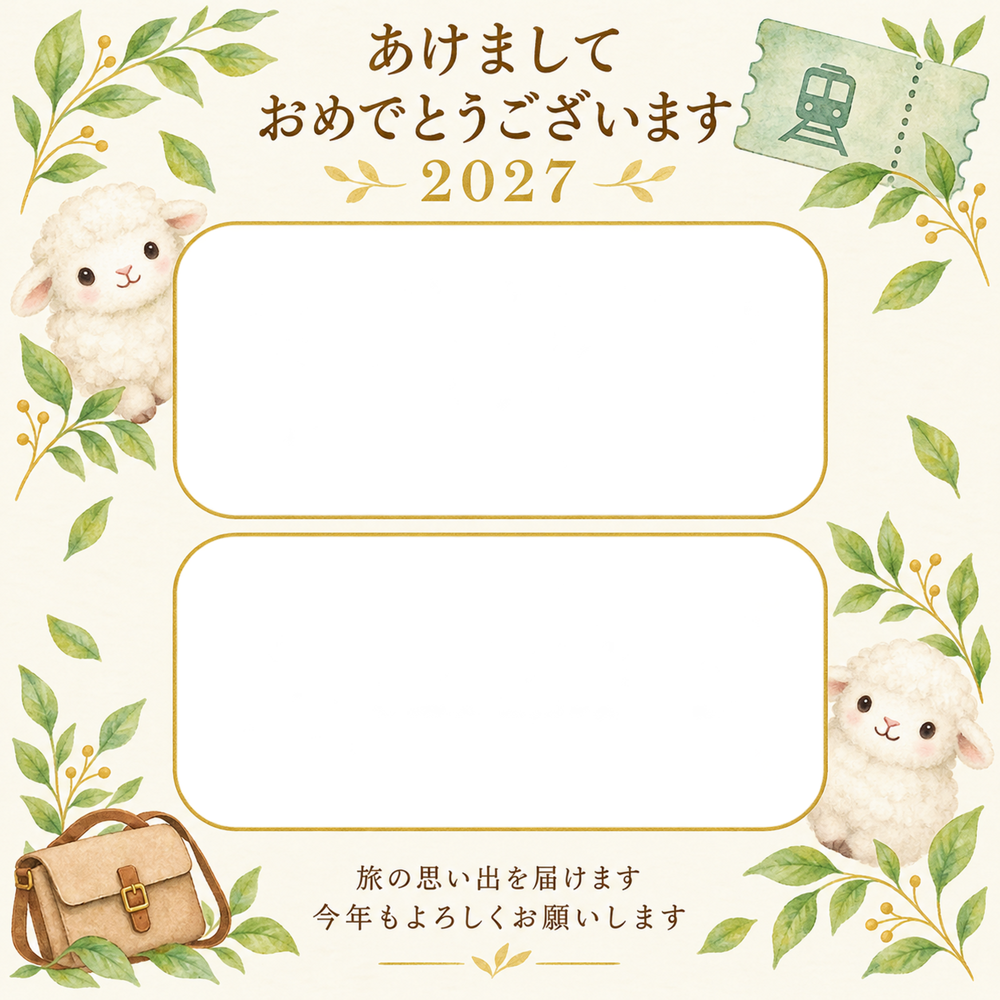 切符とかばんと若葉の写真年賀状｜無料イラスト素材 99251に写真・文字を入れる