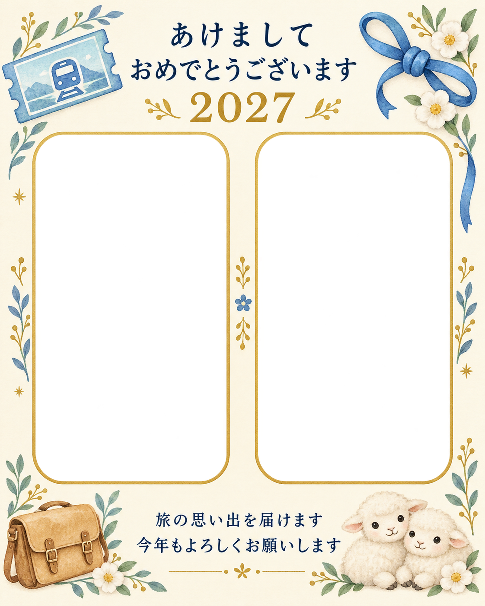 切符とかばんと青い結び目の写真年賀状｜無料イラスト素材 99254に写真・文字を入れる
