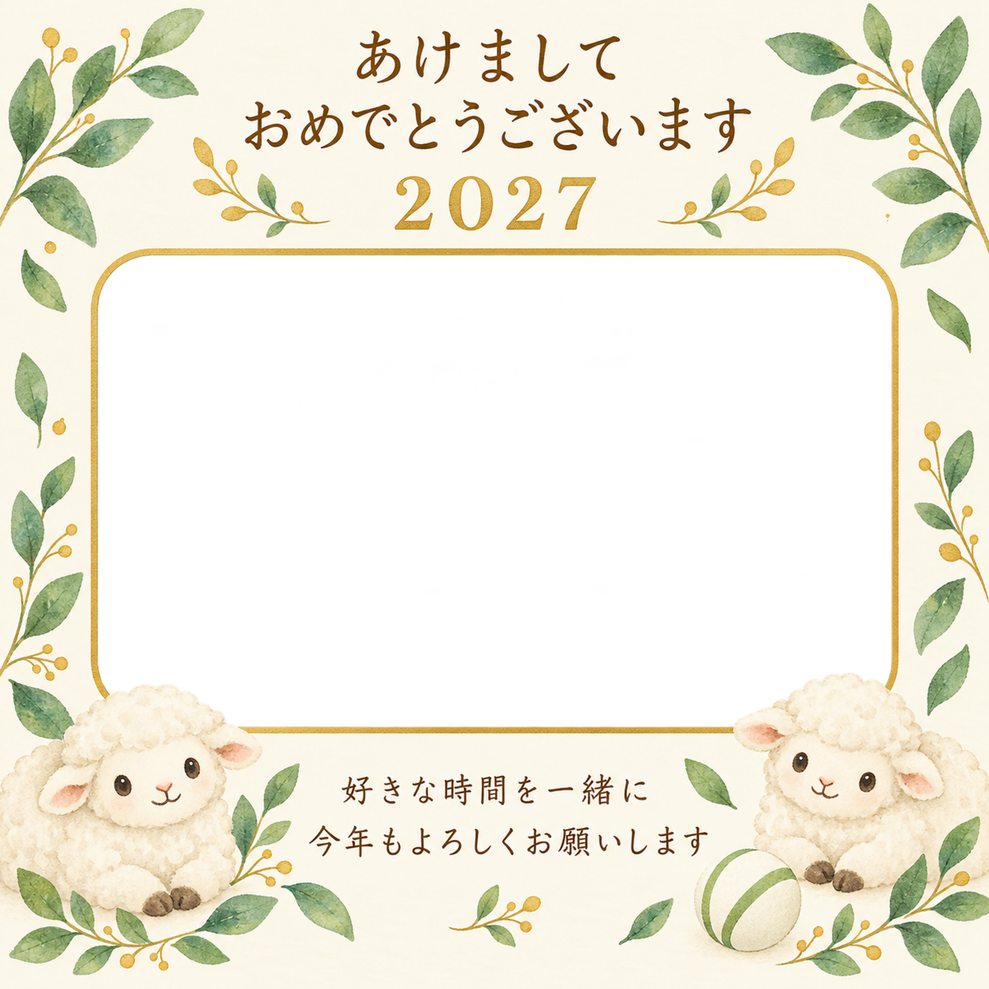 ボールと緑の葉の写真年賀状｜無料イラスト素材 99257に写真・文字を入れる