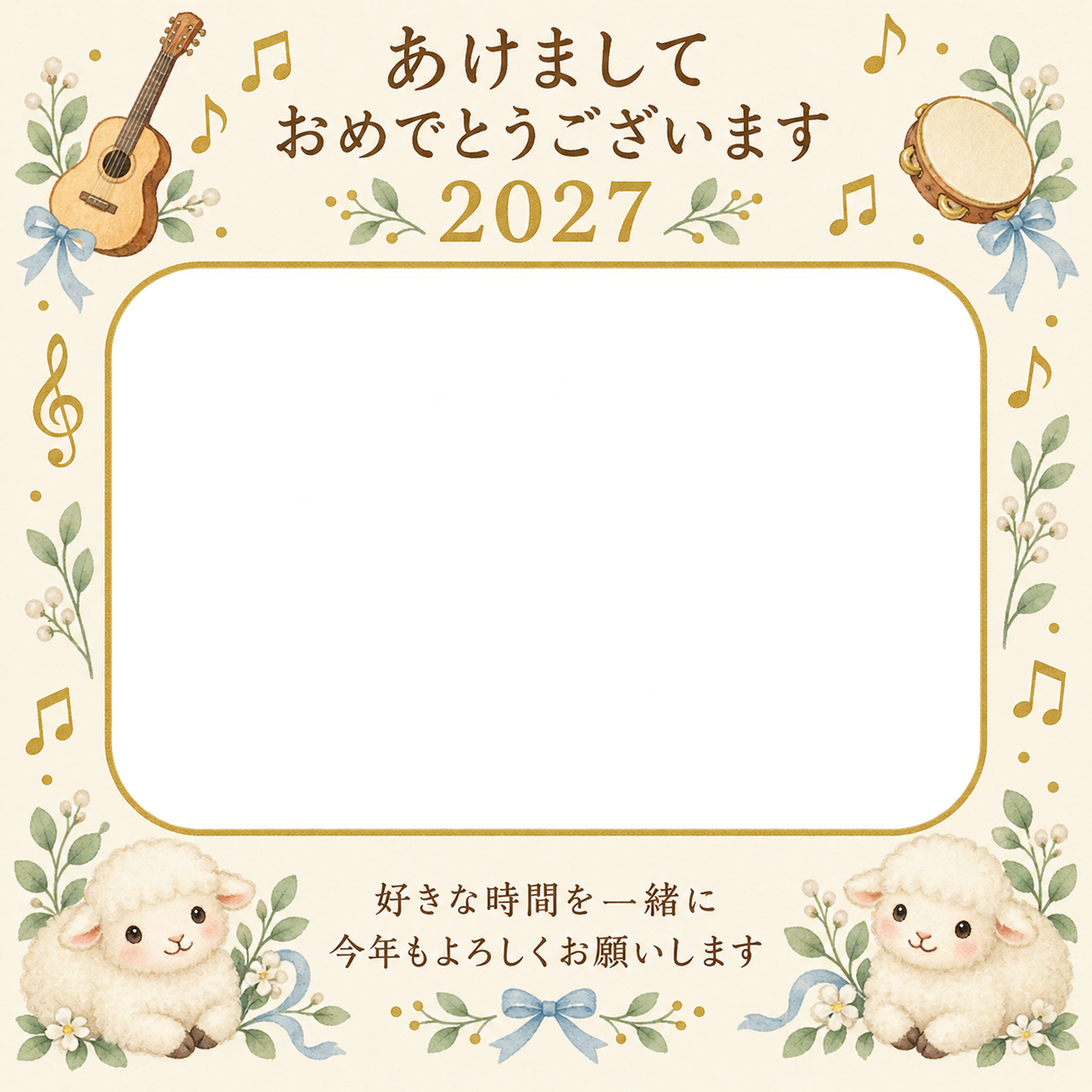 音符と小さな楽器の写真年賀状｜無料イラスト素材 99258に写真・文字を入れる