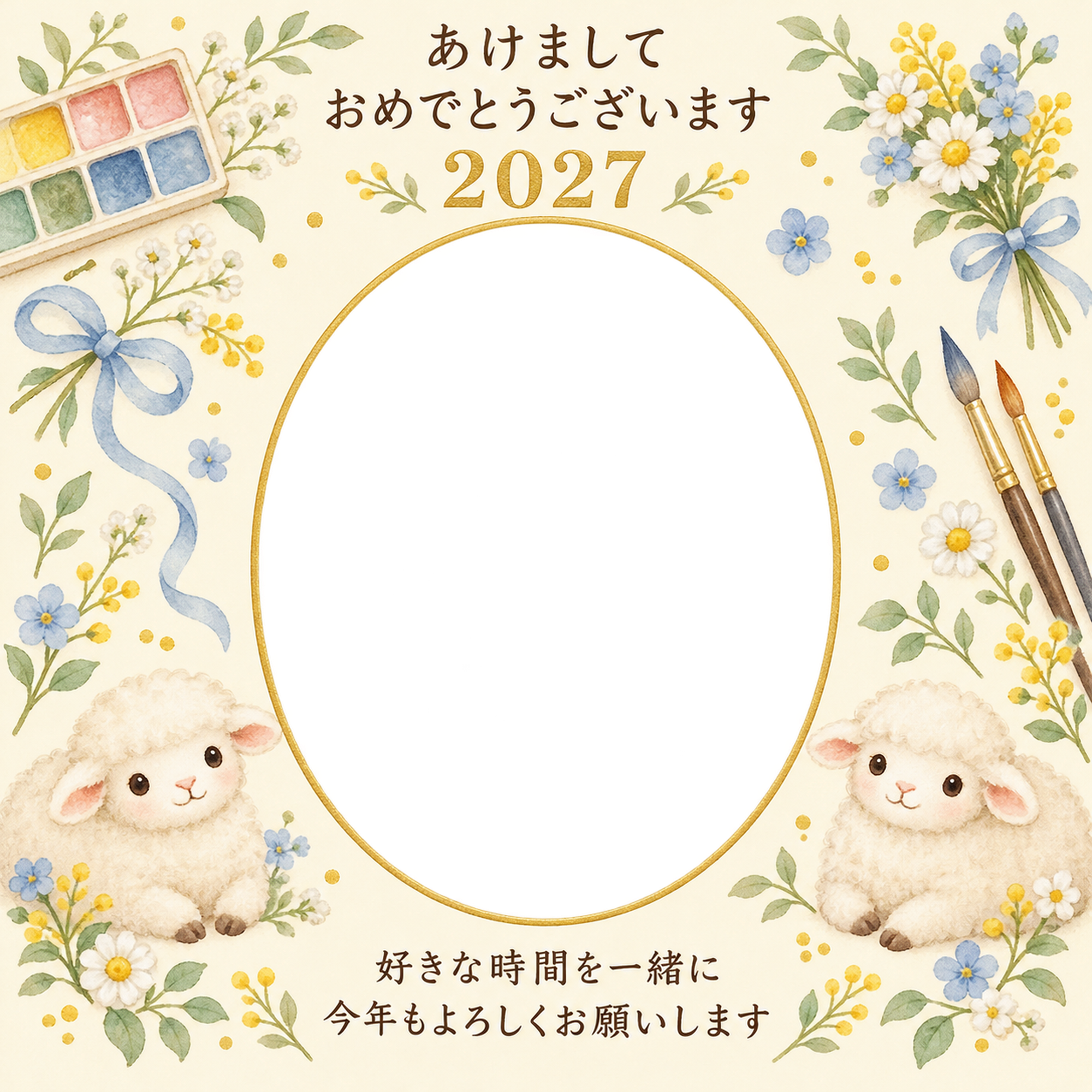 絵の具と小花の写真年賀状｜無料イラスト素材 99259に写真・文字を入れる