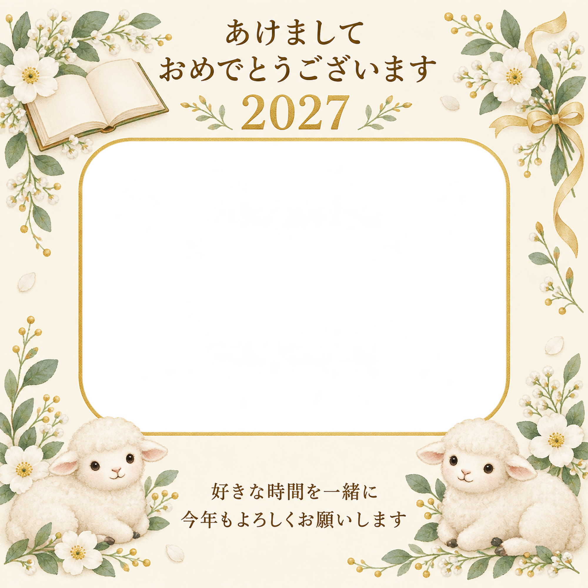 本と白い花の写真年賀状｜無料イラスト素材 99260に写真・文字を入れる